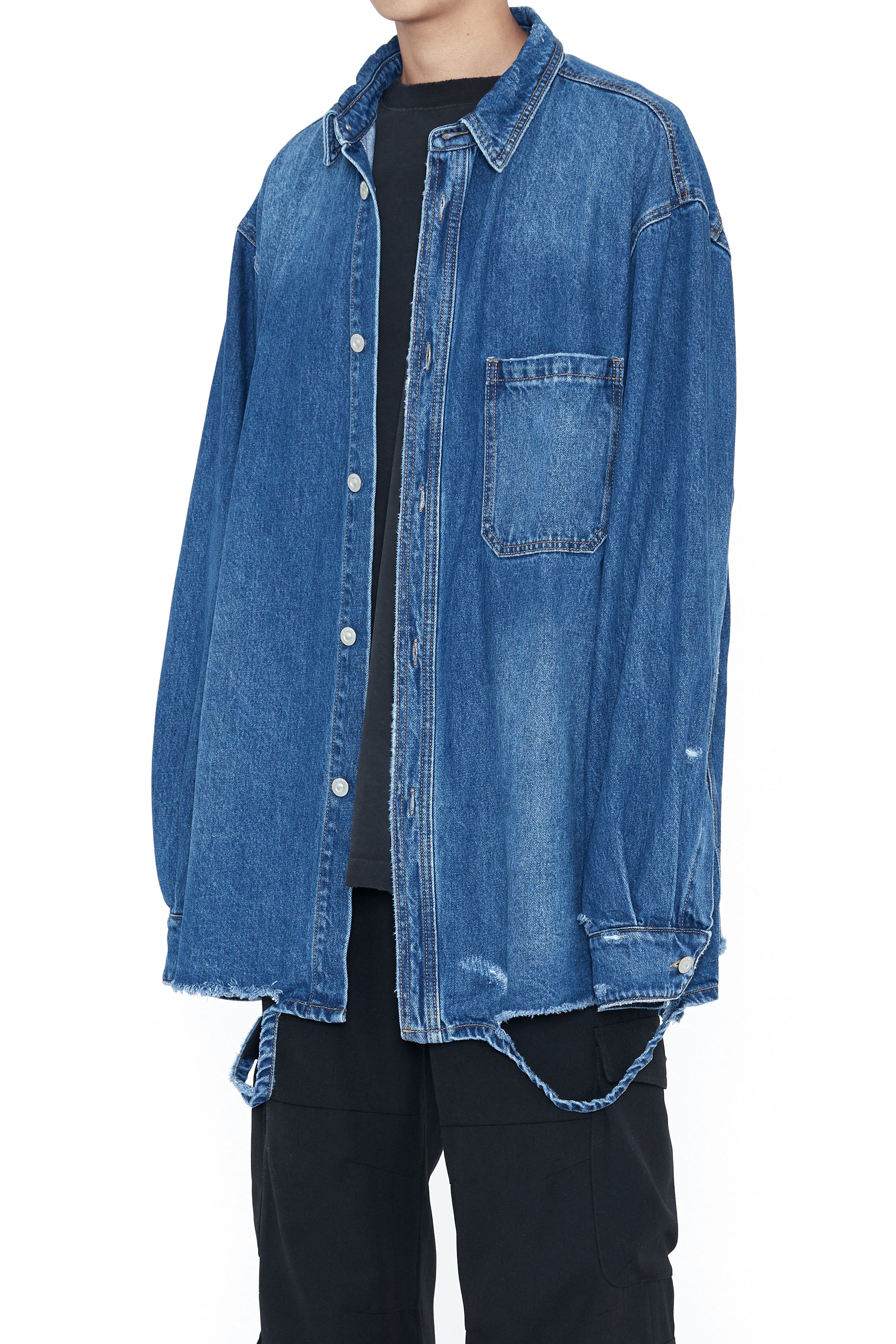 INDIGO DESTROYED AGING OVERSIZED DENIM SHIRT