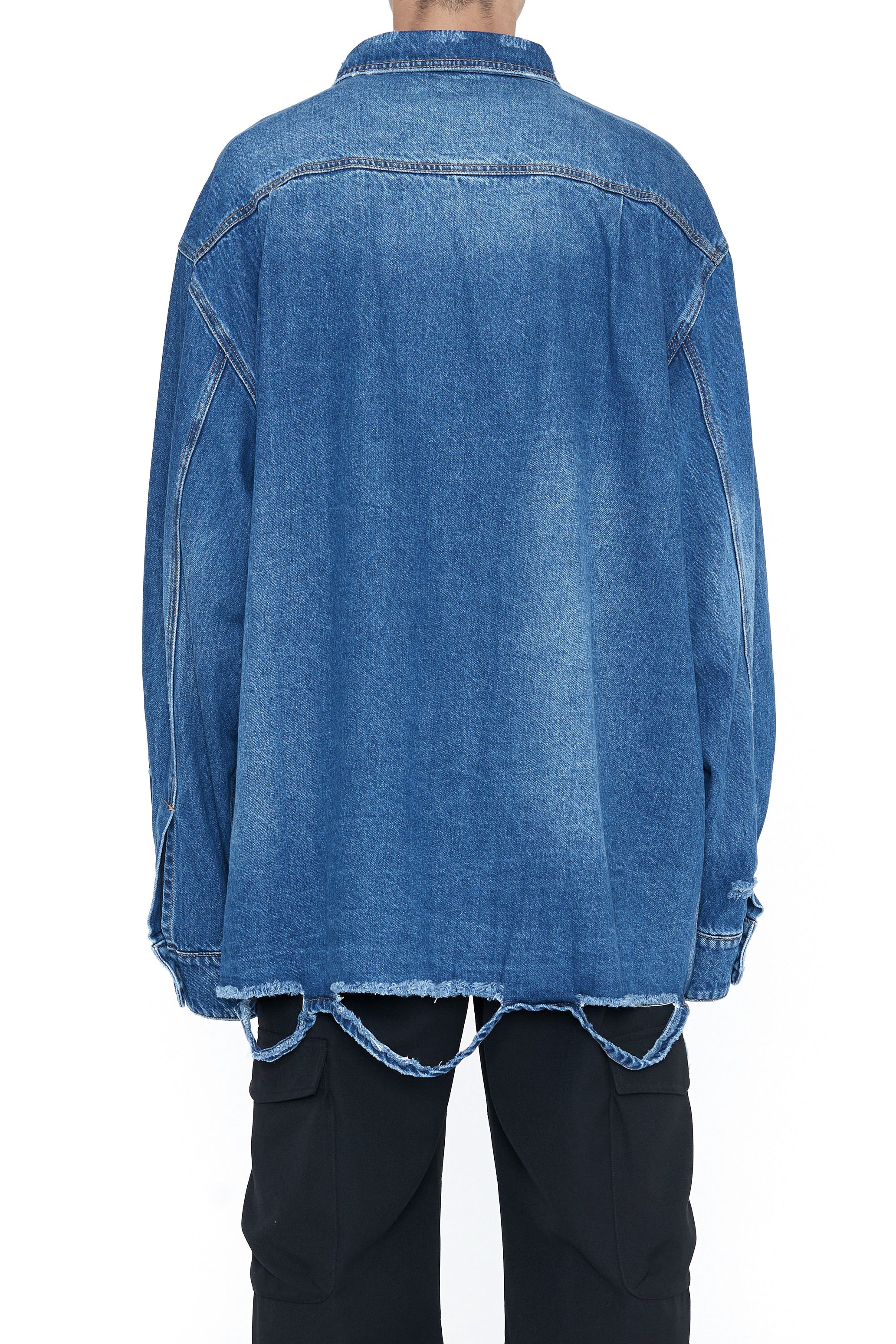 INDIGO DESTROYED AGING OVERSIZED DENIM SHIRT