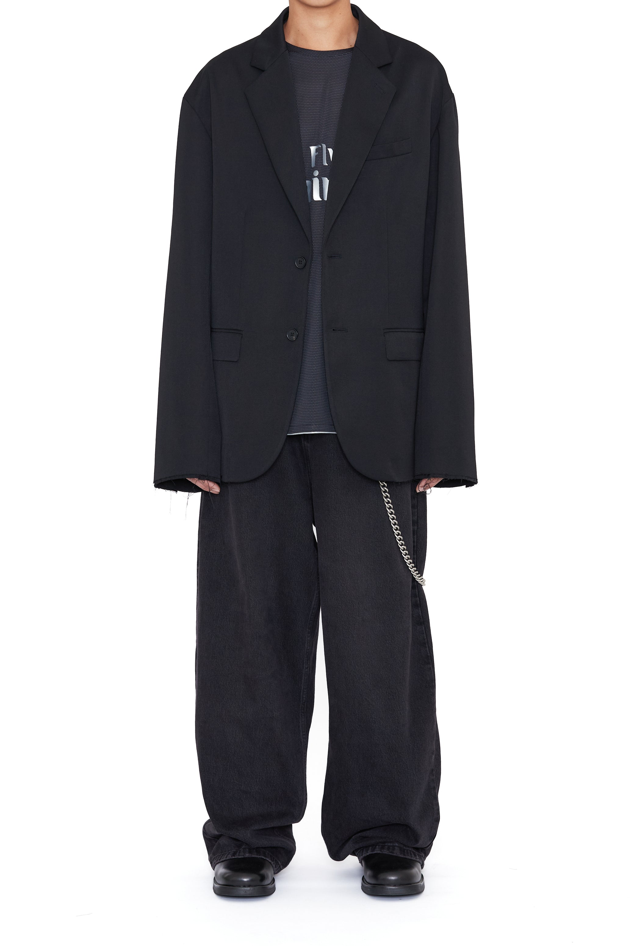 BLACK WOOL GABARDINE OVERSIZED DEMOLISHED BLAZER