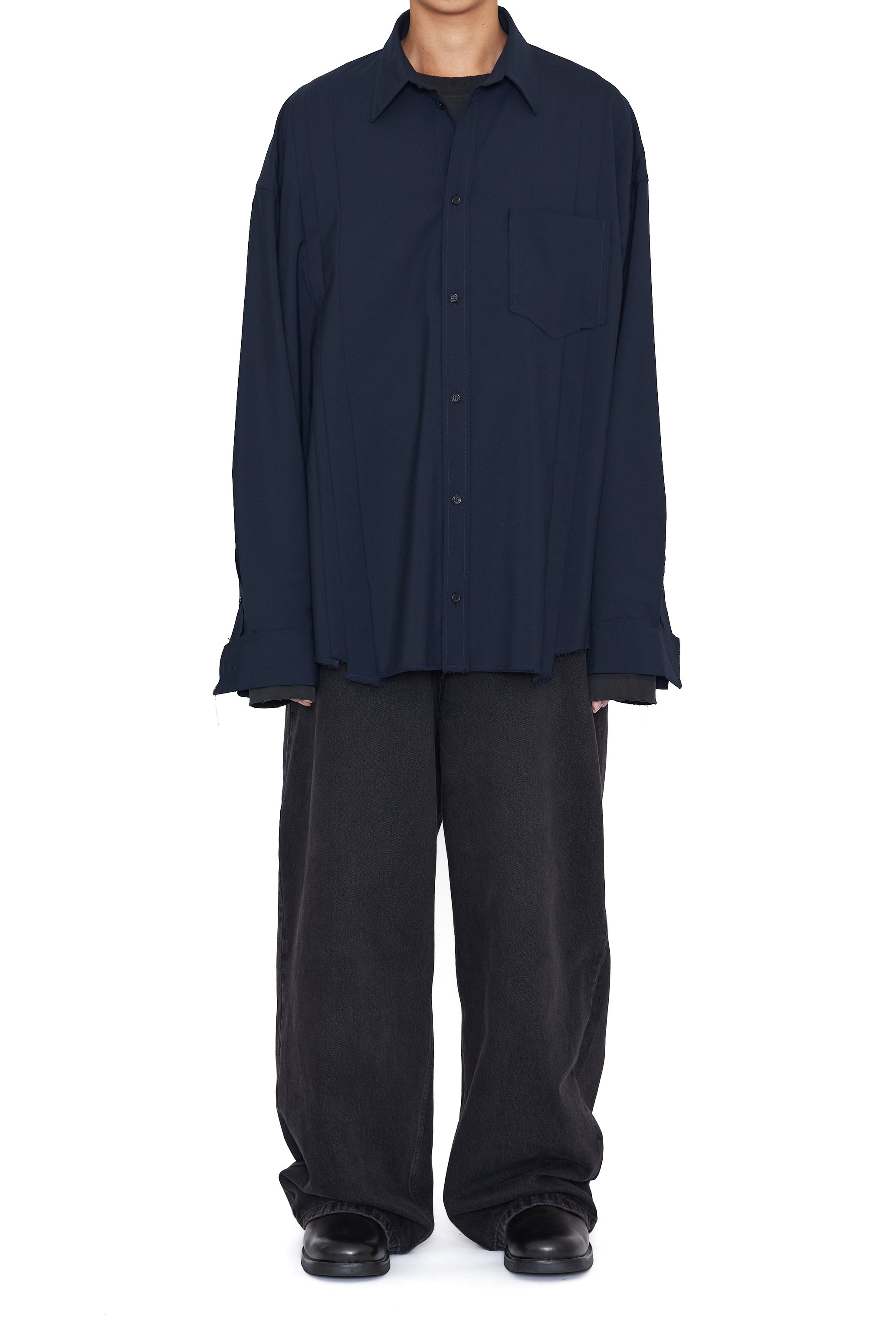 NAVY WOOL OVERSIZED RECONSTRUCTED SEAMS SHIRT