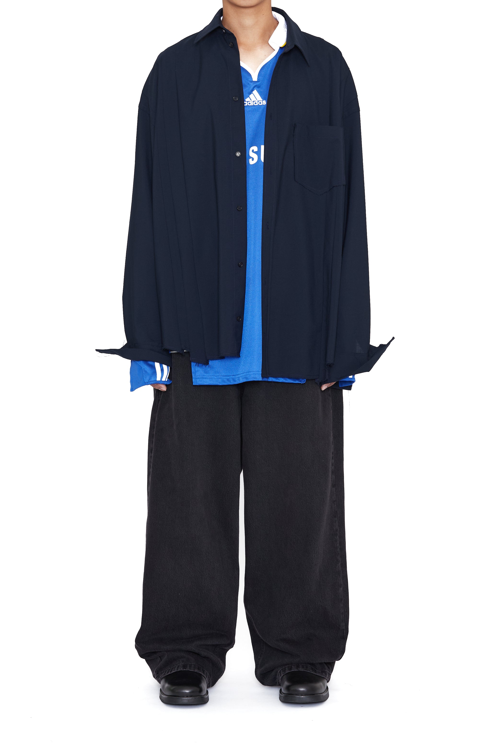 NAVY WOOL OVERSIZED RECONSTRUCTED SEAMS SHIRT