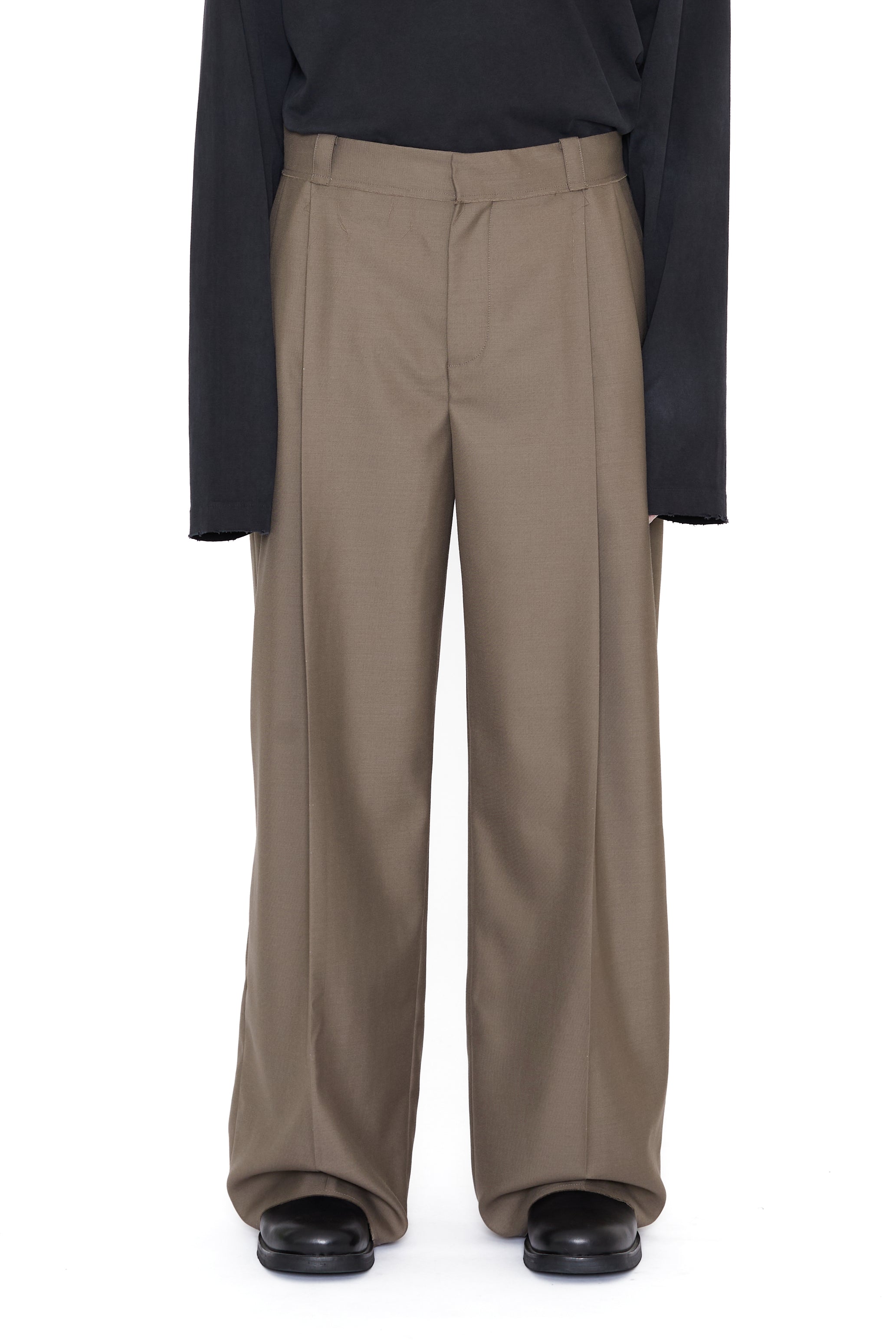 KHAKI WOOL BREAK CUT PLEATED LENTO WIDE SLACK