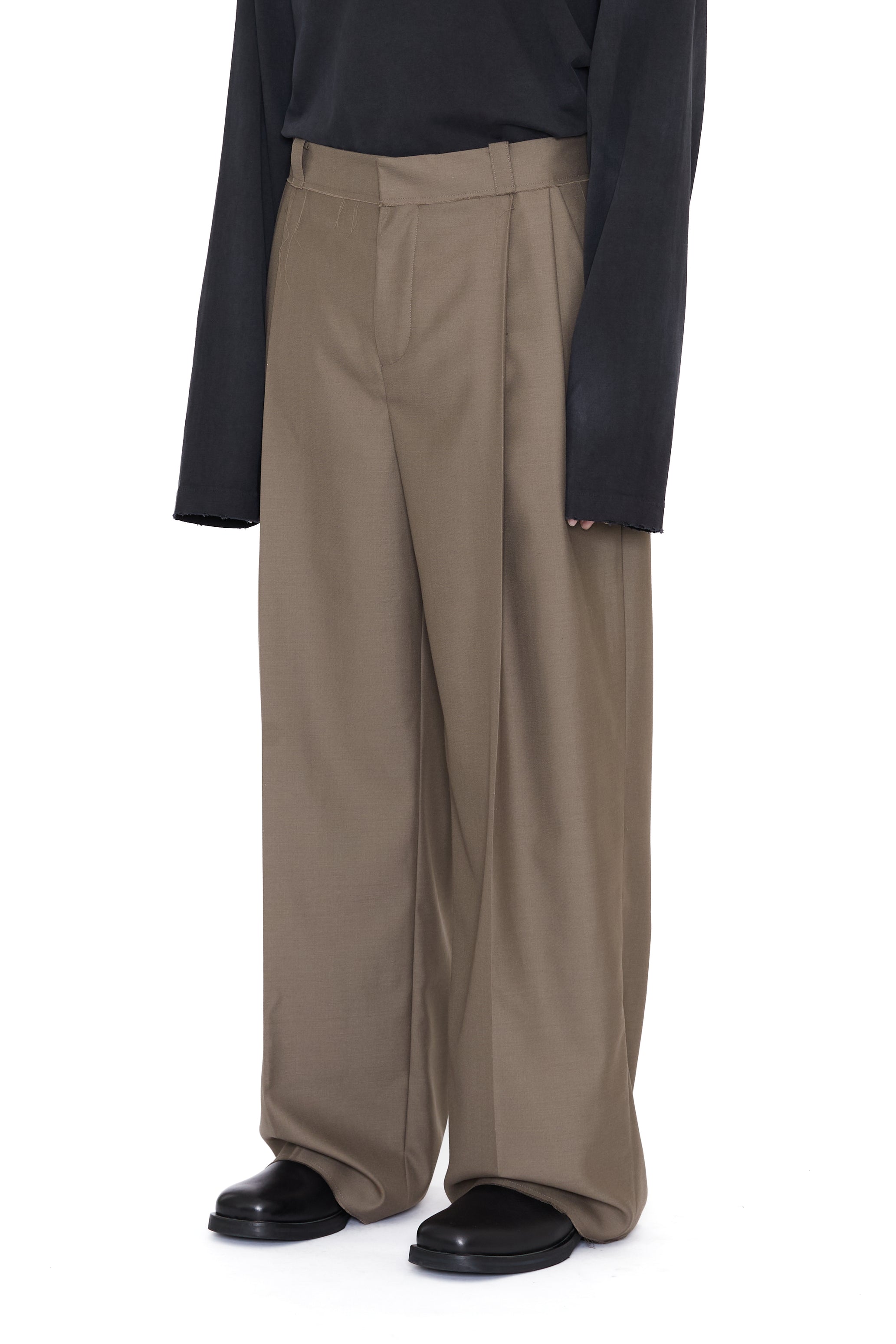 KHAKI WOOL BREAK CUT PLEATED LENTO WIDE SLACK