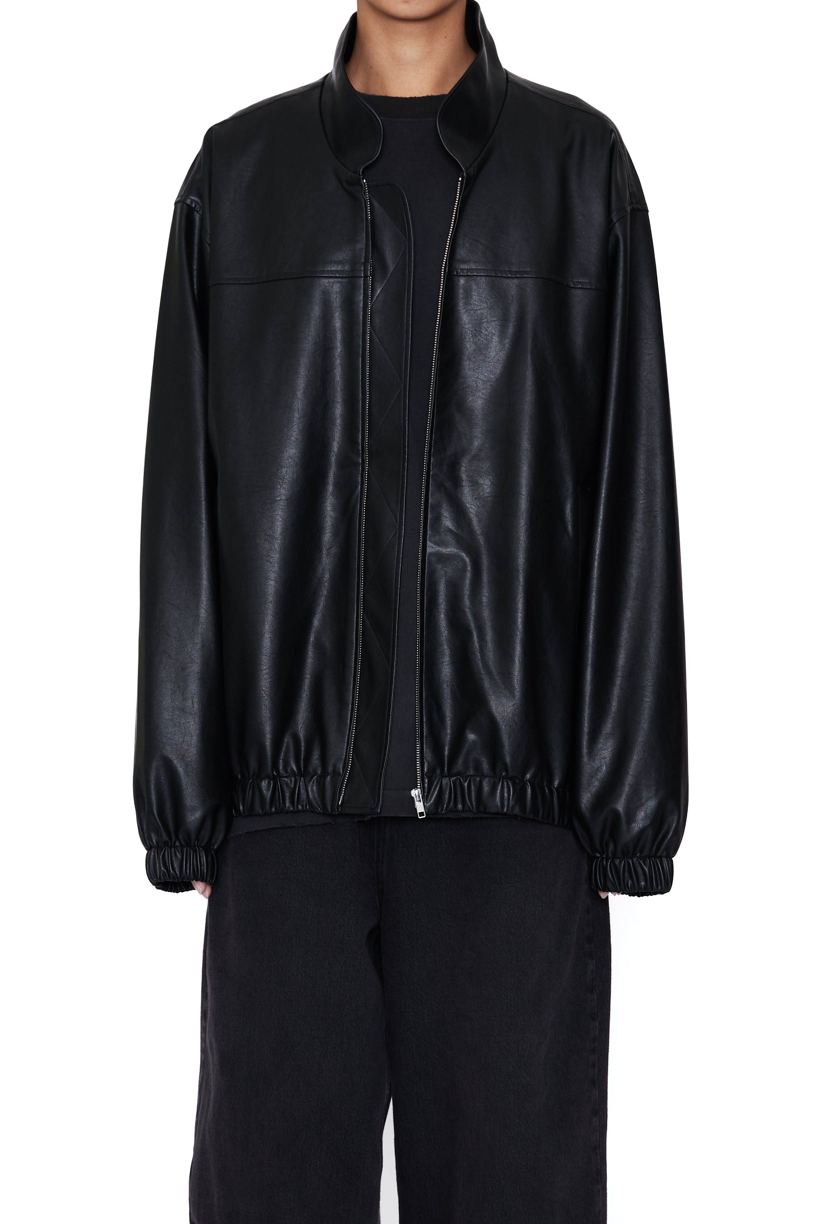 Load image into Gallery viewer, BLACK SYNTHEITC LEATHER OVERSIZED TEAM JACKET