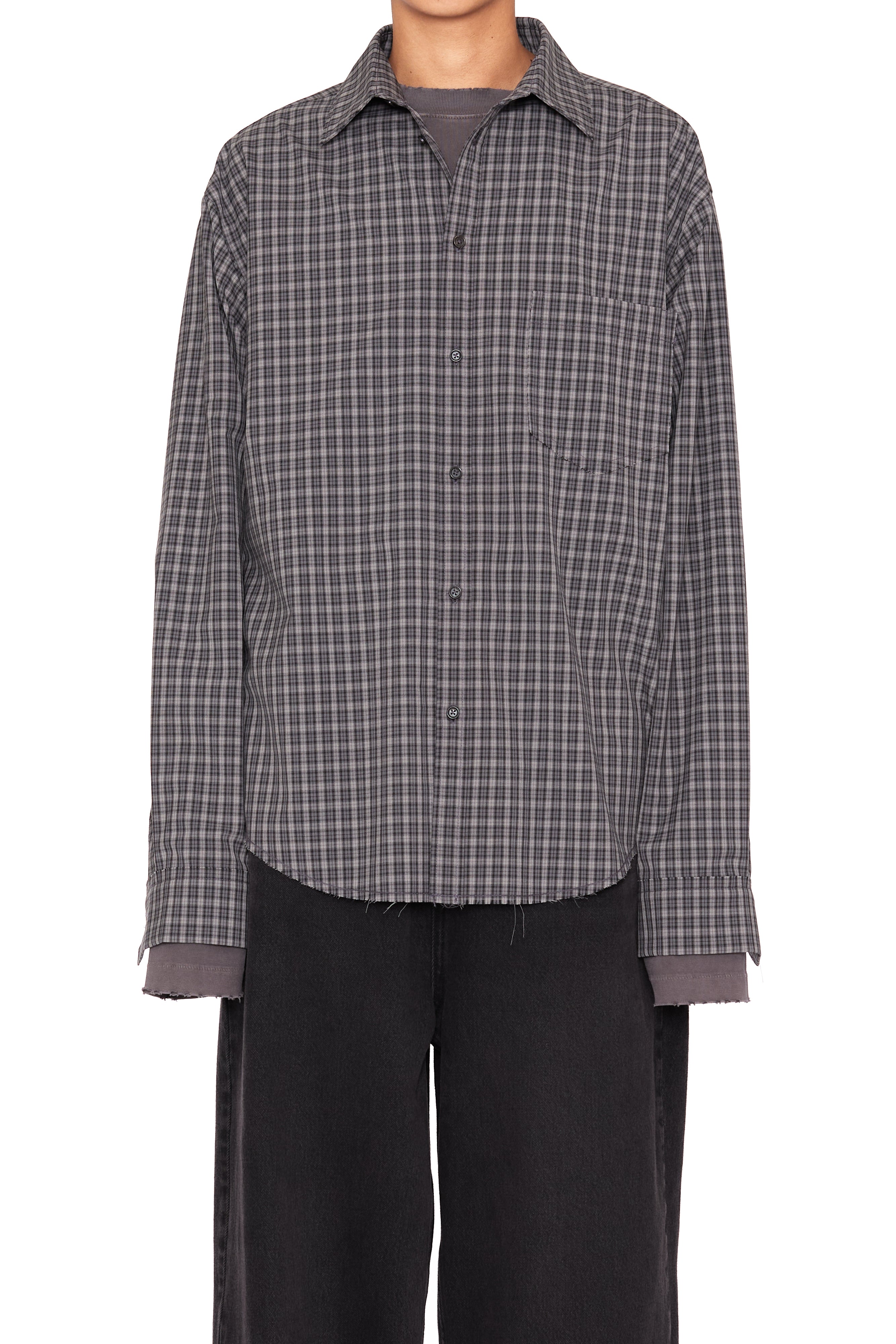 Load image into Gallery viewer, GREY CHECK WOOL POLY RAW EDGES SHIFTED SHIRT