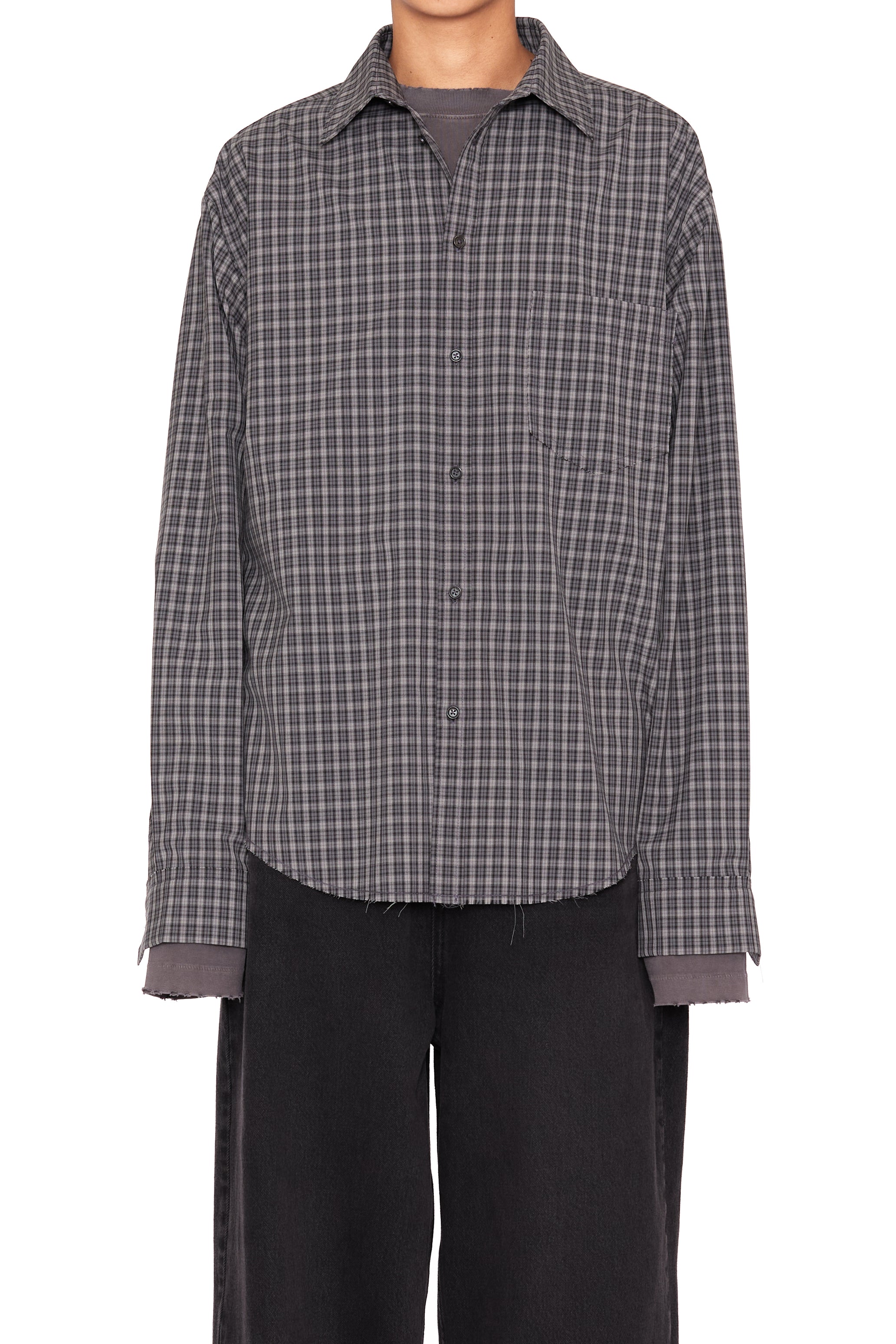 GREY CHECK WOOL POLY RAW EDGES SHIFTED SHIRT