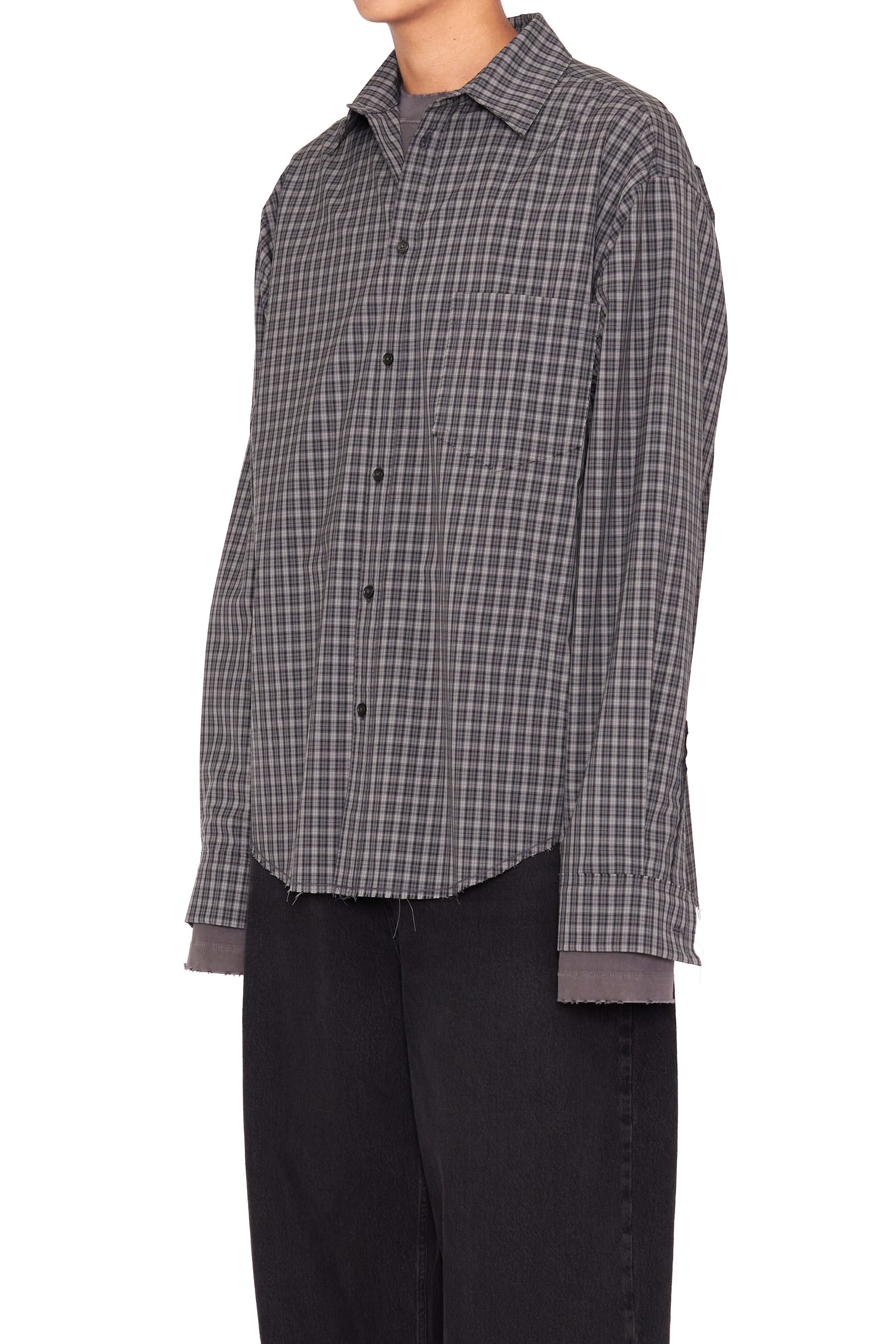 Load image into Gallery viewer, GREY CHECK WOOL POLY RAW EDGES SHIFTED SHIRT
