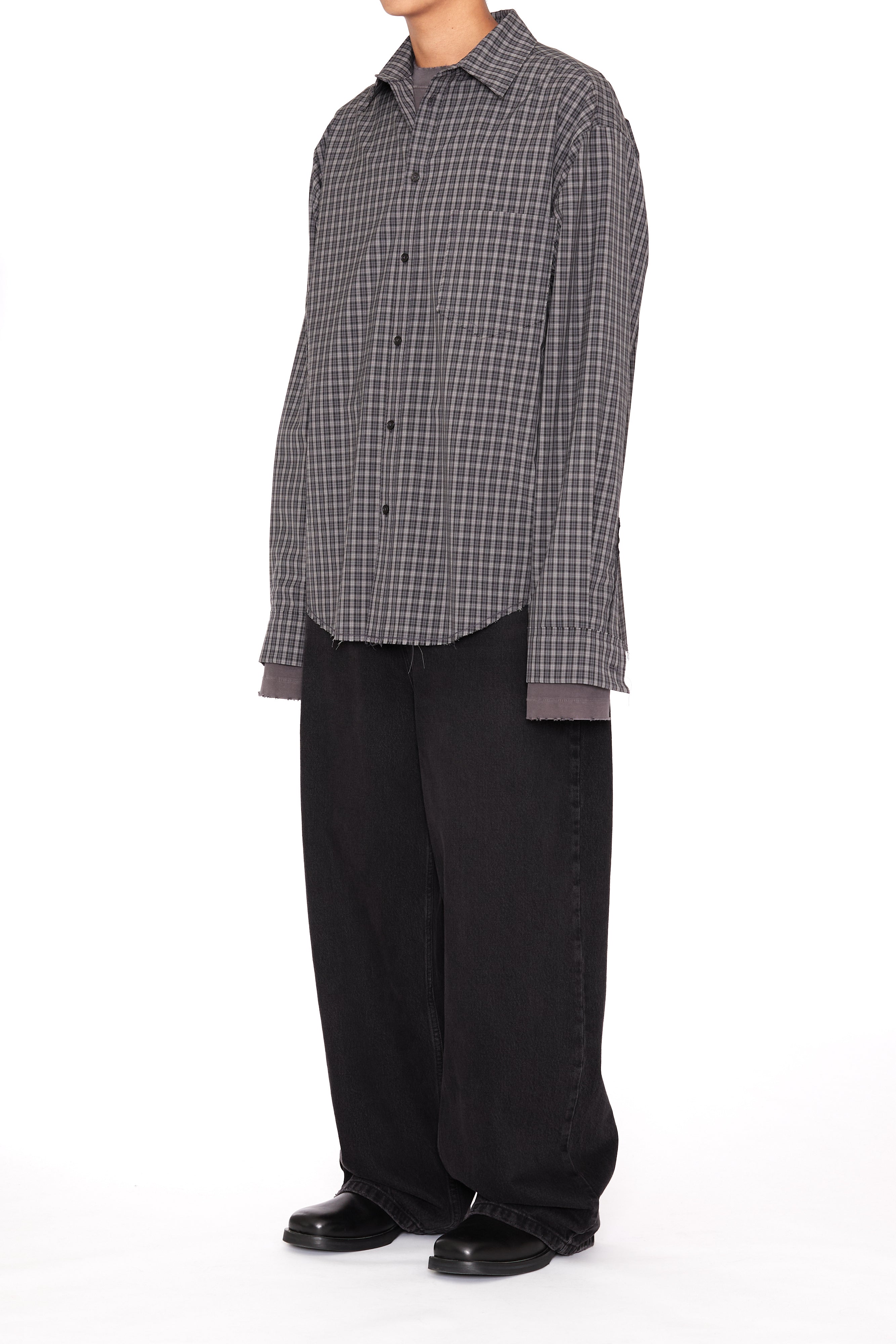 Load image into Gallery viewer, GREY CHECK WOOL POLY RAW EDGES SHIFTED SHIRT
