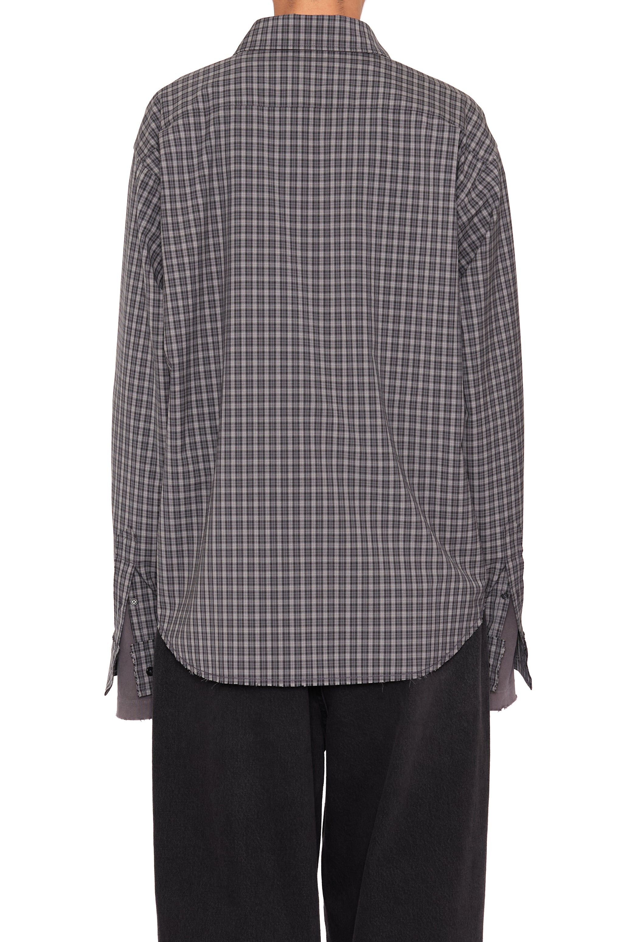 GREY CHECK WOOL POLY RAW EDGES SHIFTED SHIRT