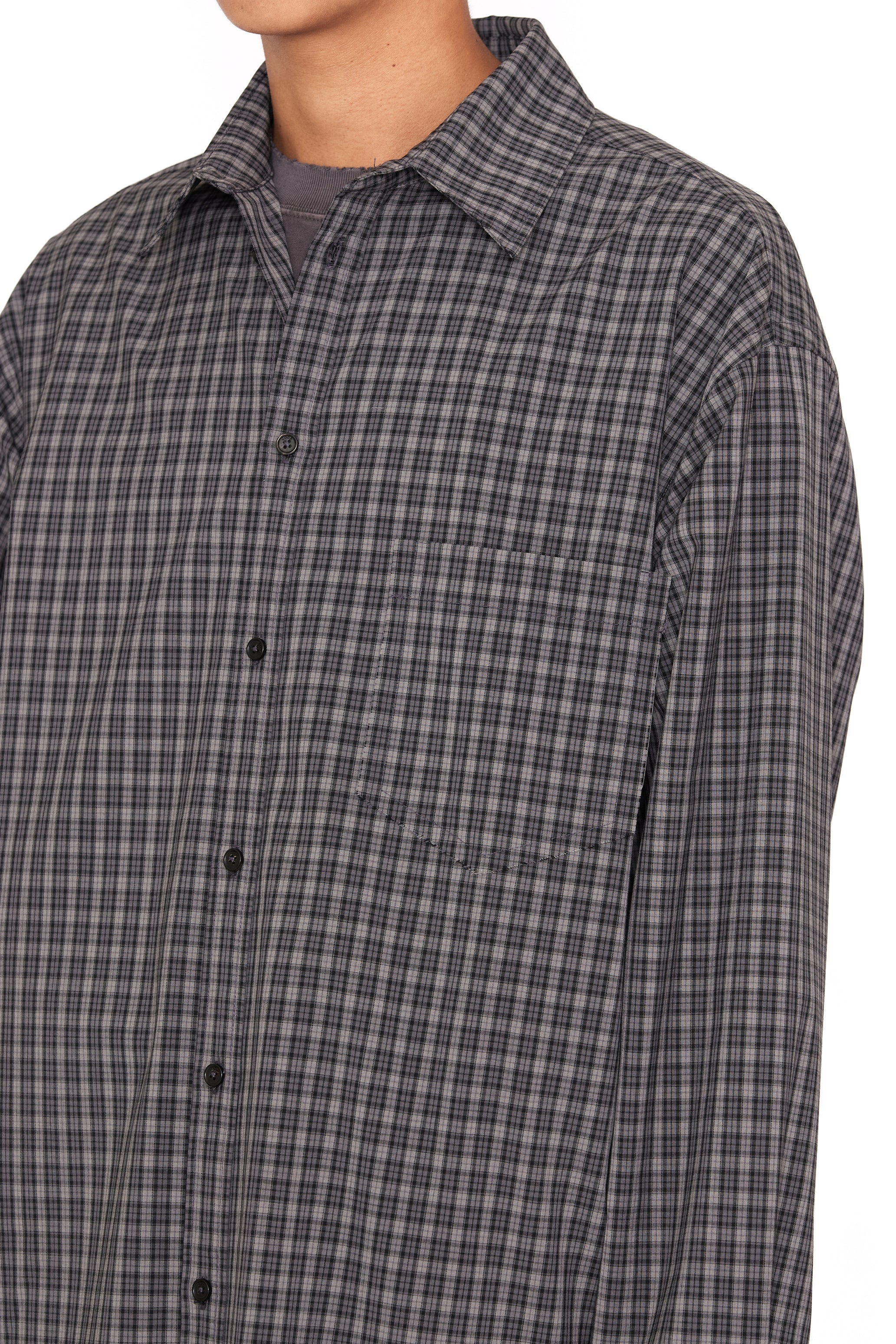 GREY CHECK WOOL POLY RAW EDGES SHIFTED SHIRT