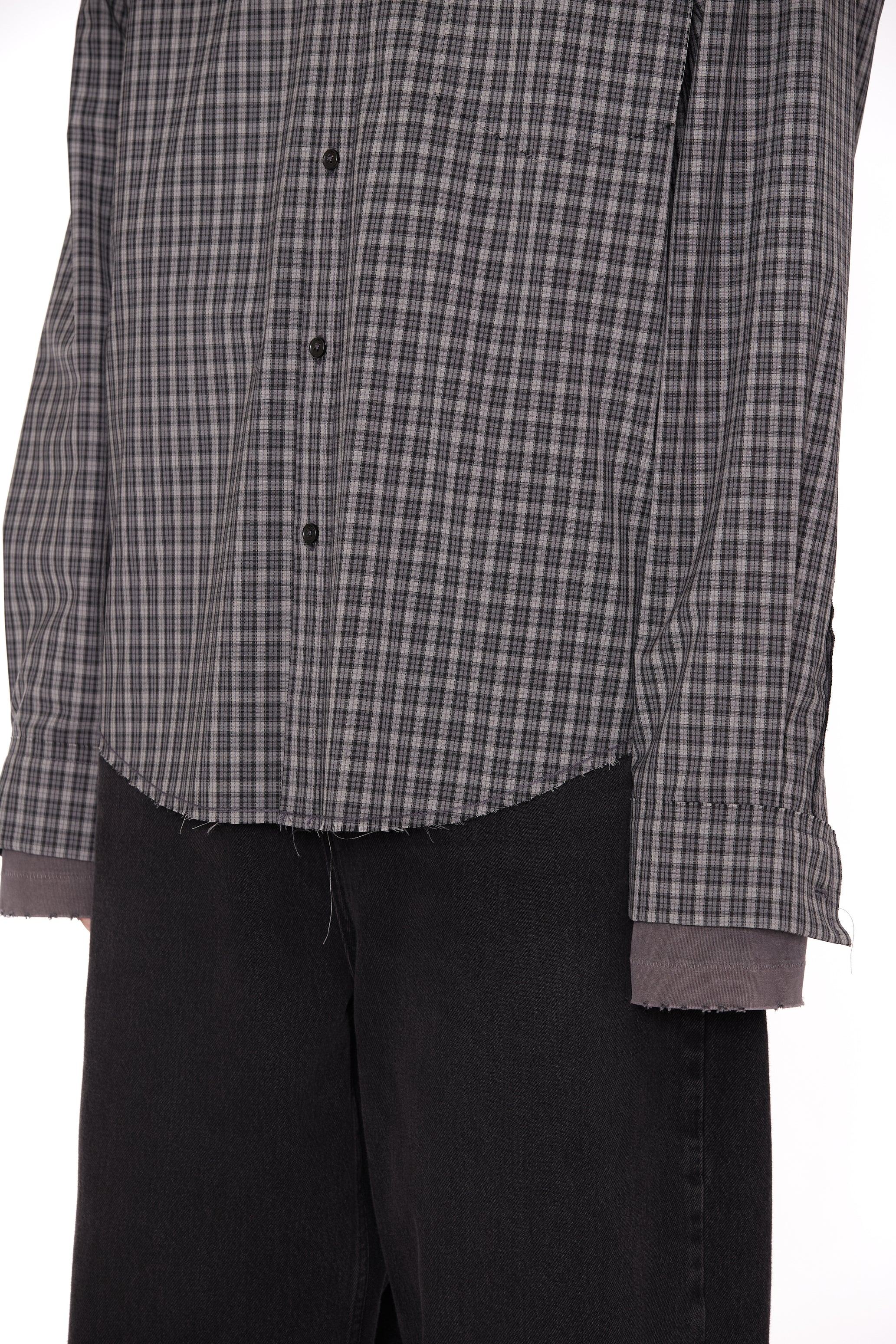 GREY CHECK WOOL POLY RAW EDGES SHIFTED SHIRT