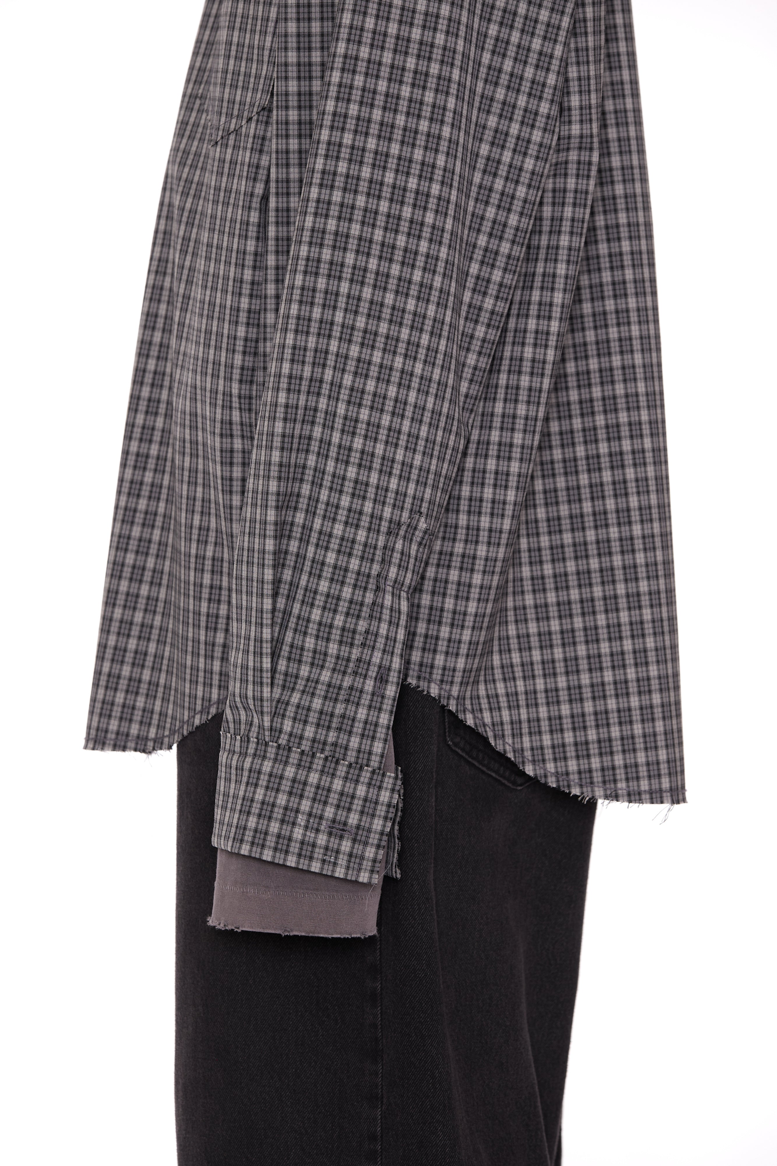 Load image into Gallery viewer, GREY CHECK WOOL POLY RAW EDGES SHIFTED SHIRT