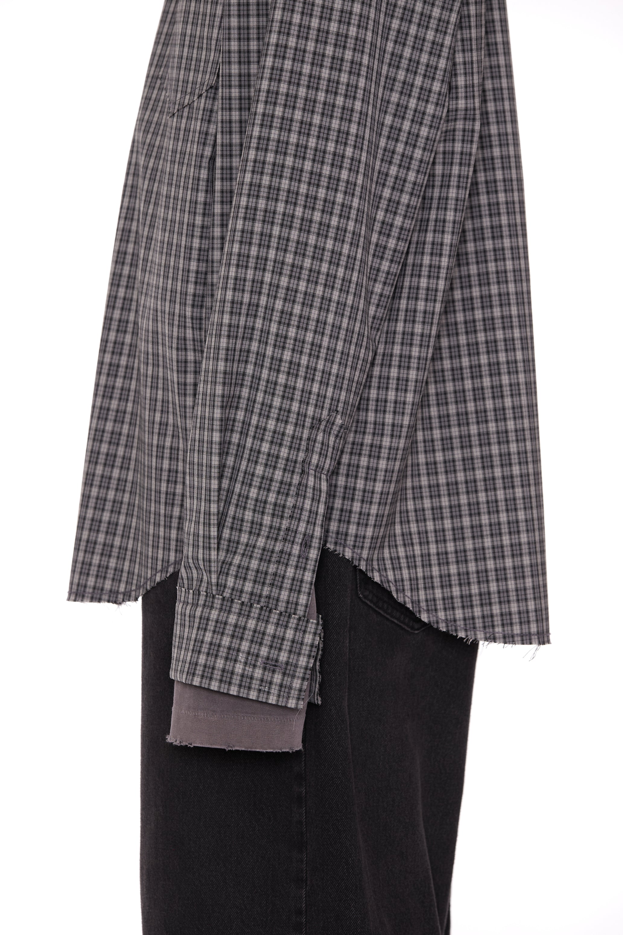 GREY CHECK WOOL POLY RAW EDGES SHIFTED SHIRT