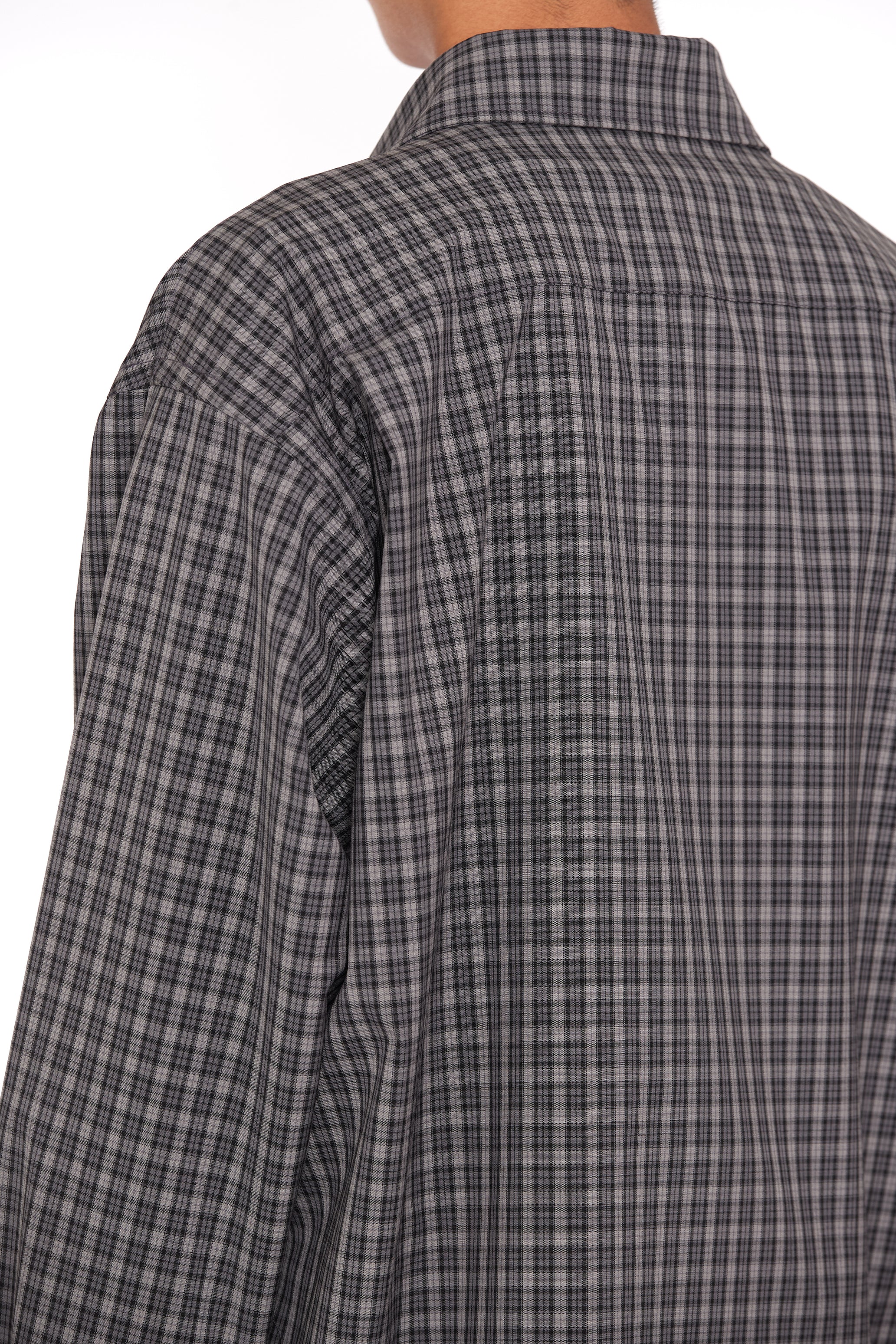 GREY CHECK WOOL POLY RAW EDGES SHIFTED SHIRT