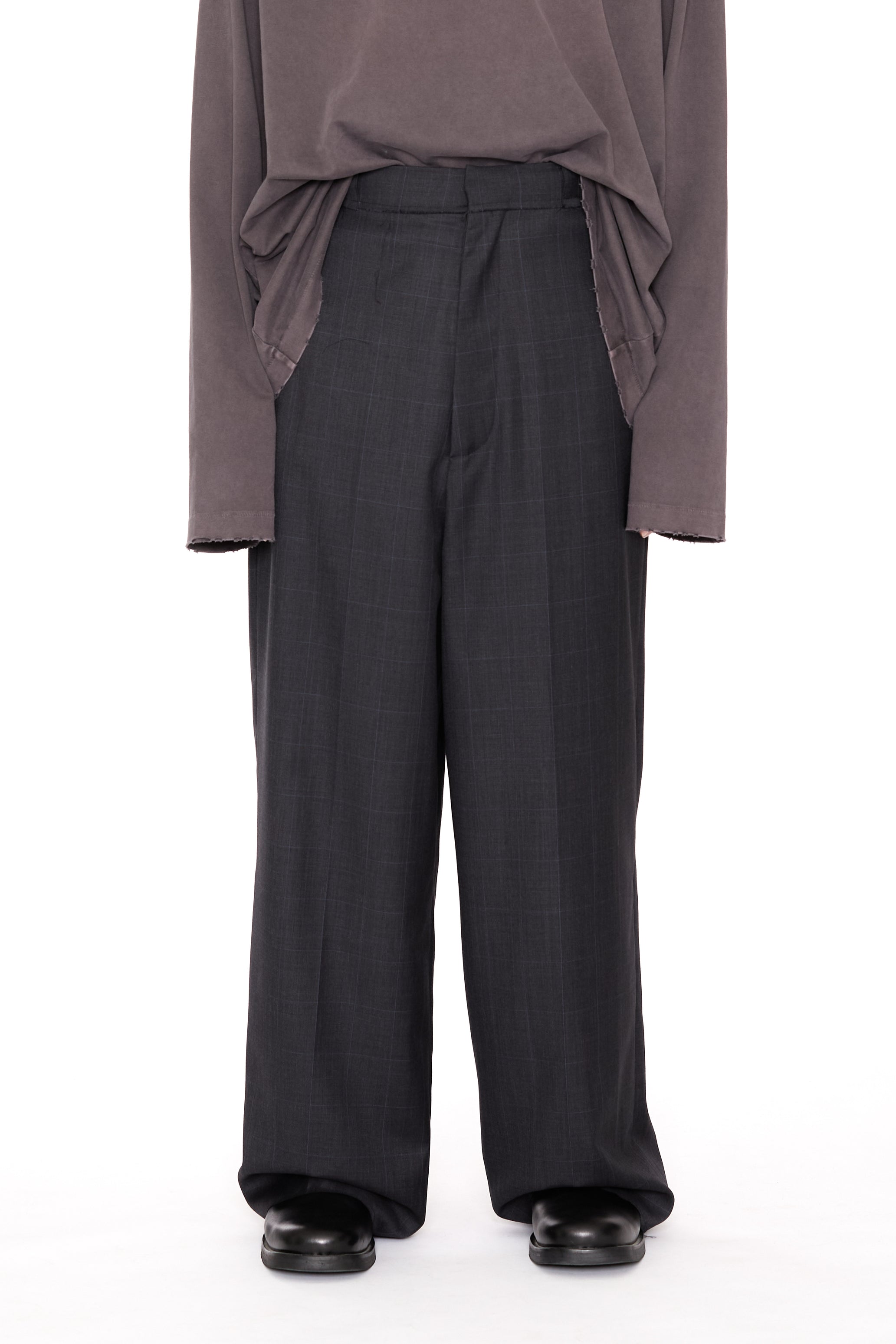 ZINC CHECK WOOL EXTENDED CUT TAILORED WIDE SLACK