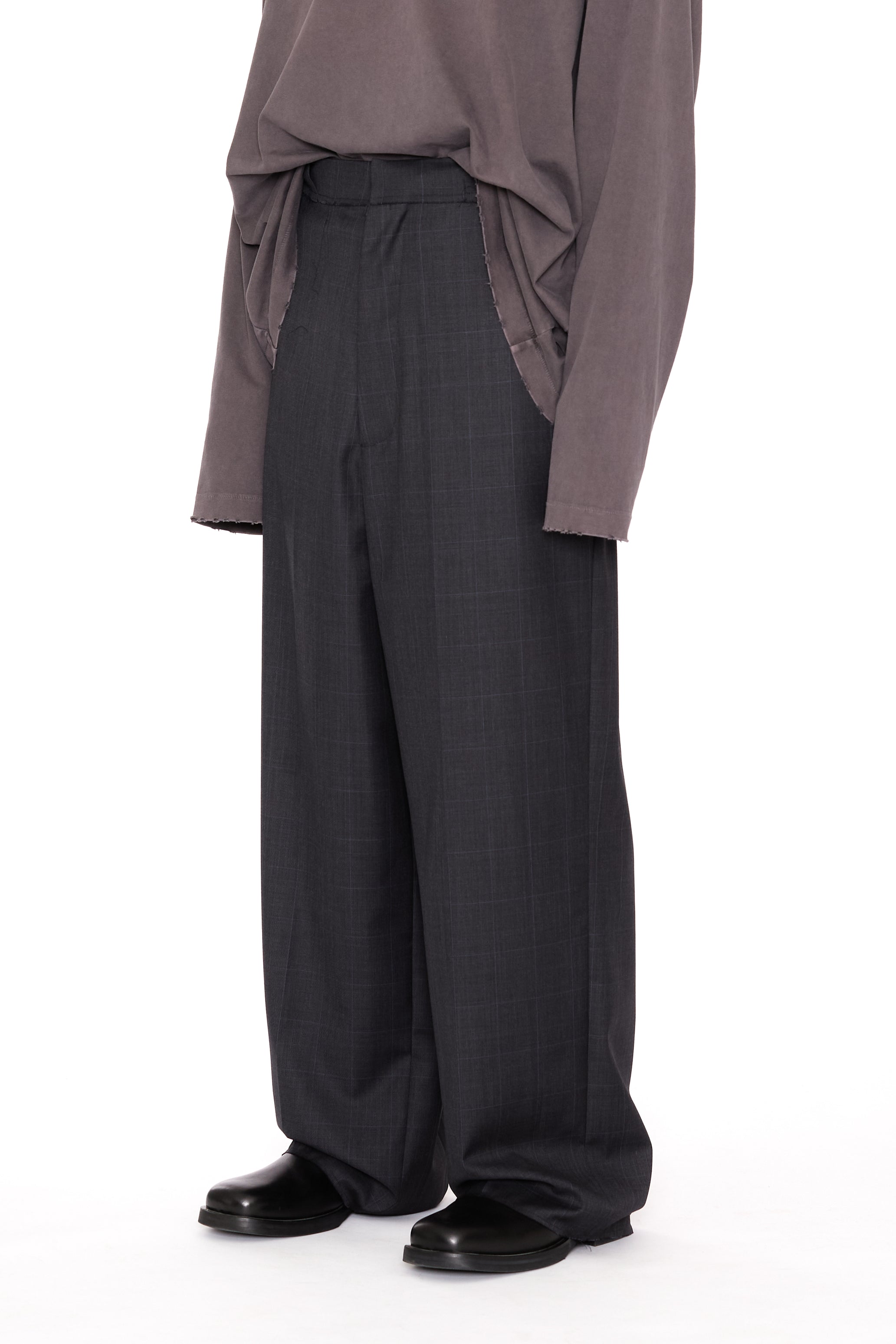 ZINC CHECK WOOL EXTENDED CUT TAILORED WIDE SLACK
