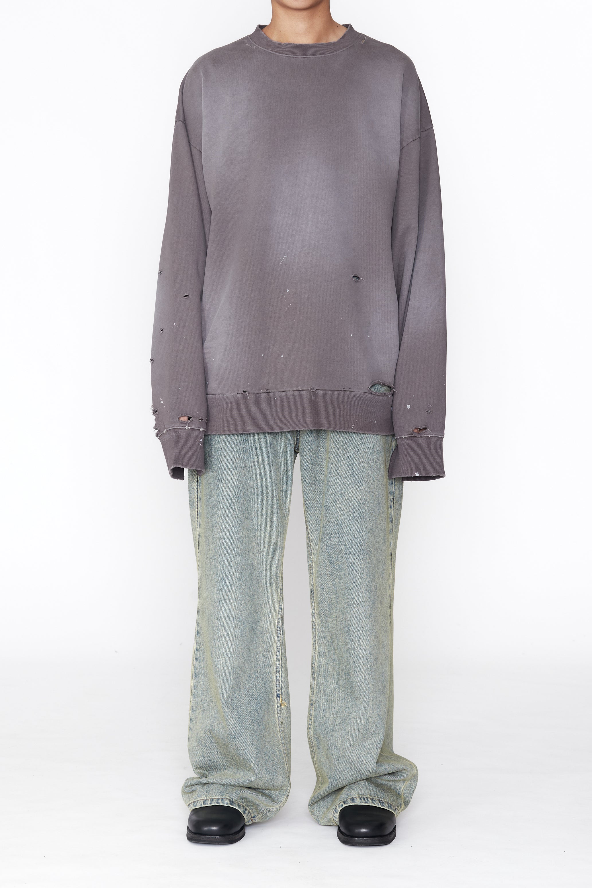 GREY WASHED AGING BLEACHED DESTROYED SWEATSHIRT