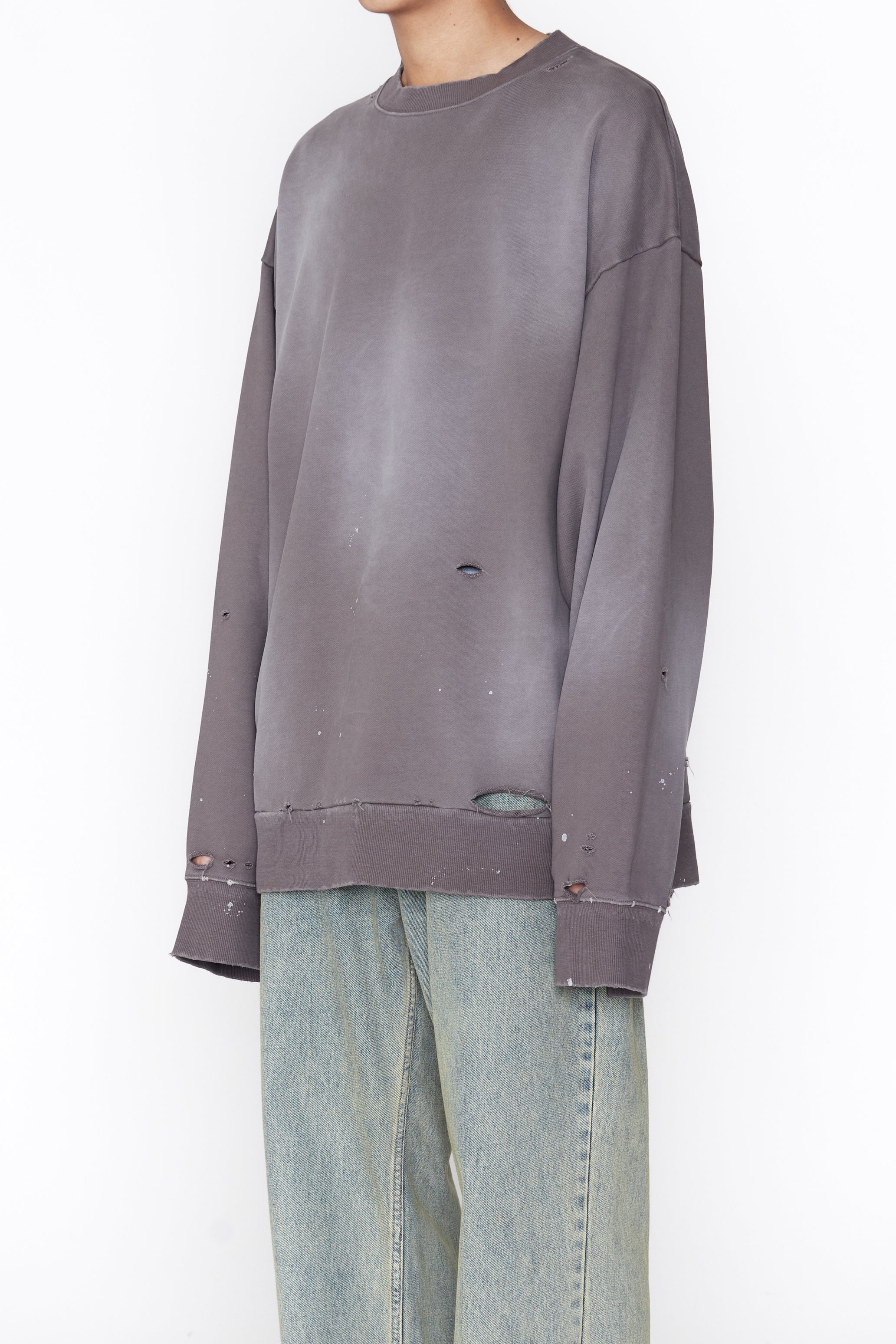 GREY WASHED AGING BLEACHED DESTROYED SWEATSHIRT
