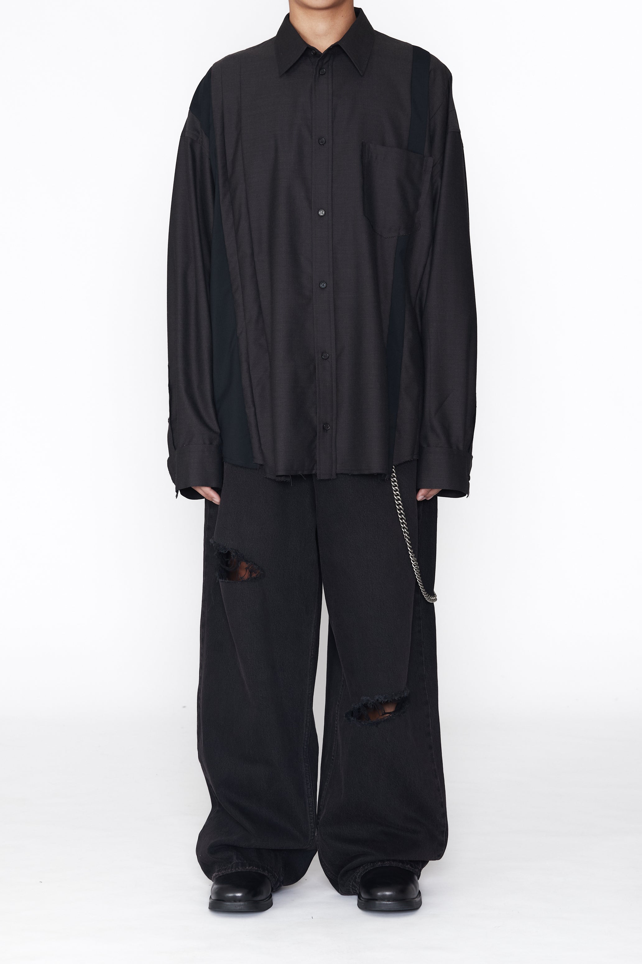 BROWN WOOL POLY OVERSIZED RECONSTRUCTED SEAMS SHIRT