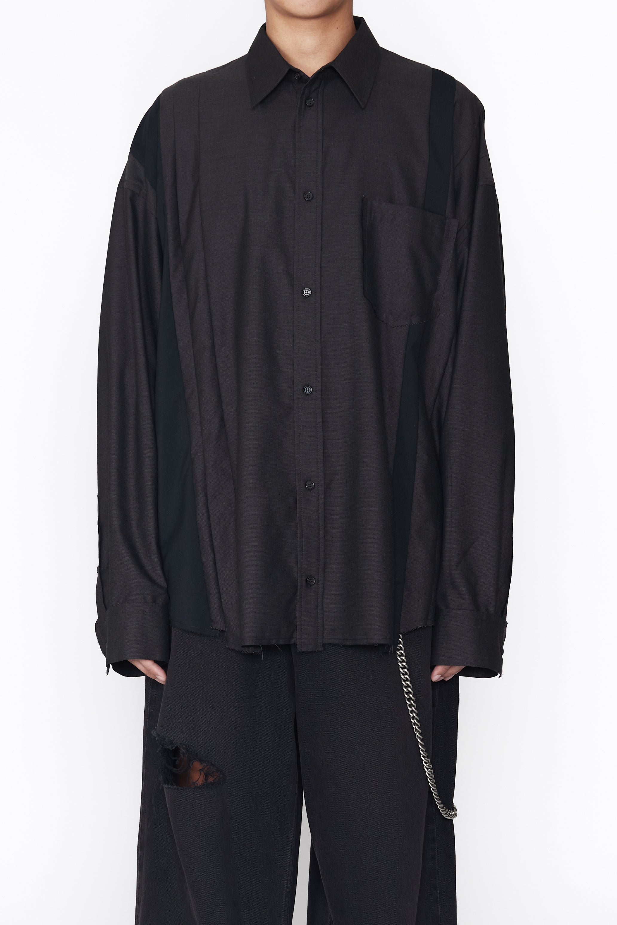 BROWN WOOL POLY OVERSIZED RECONSTRUCTED SEAMS SHIRT