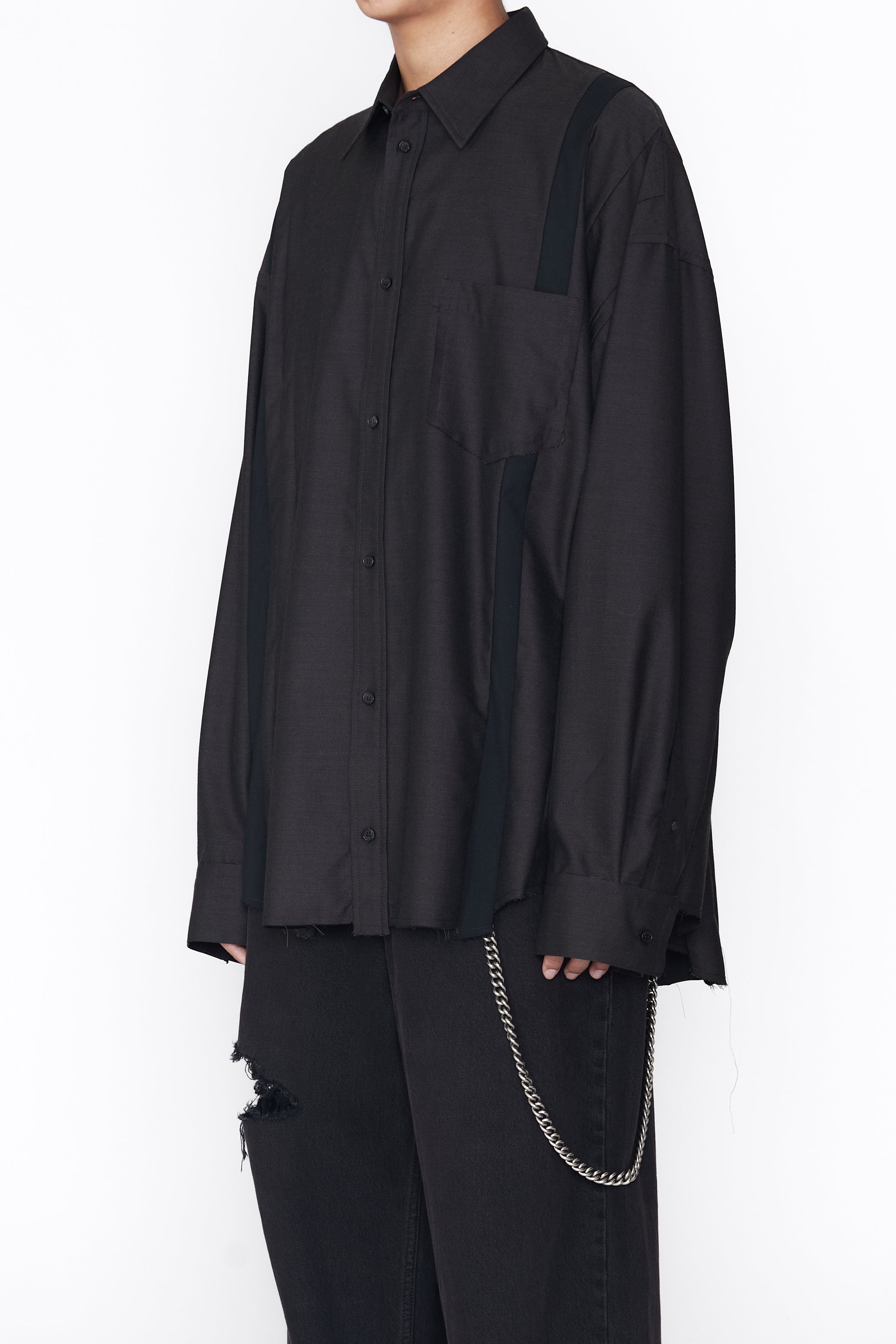 BROWN WOOL POLY OVERSIZED RECONSTRUCTED SEAMS SHIRT