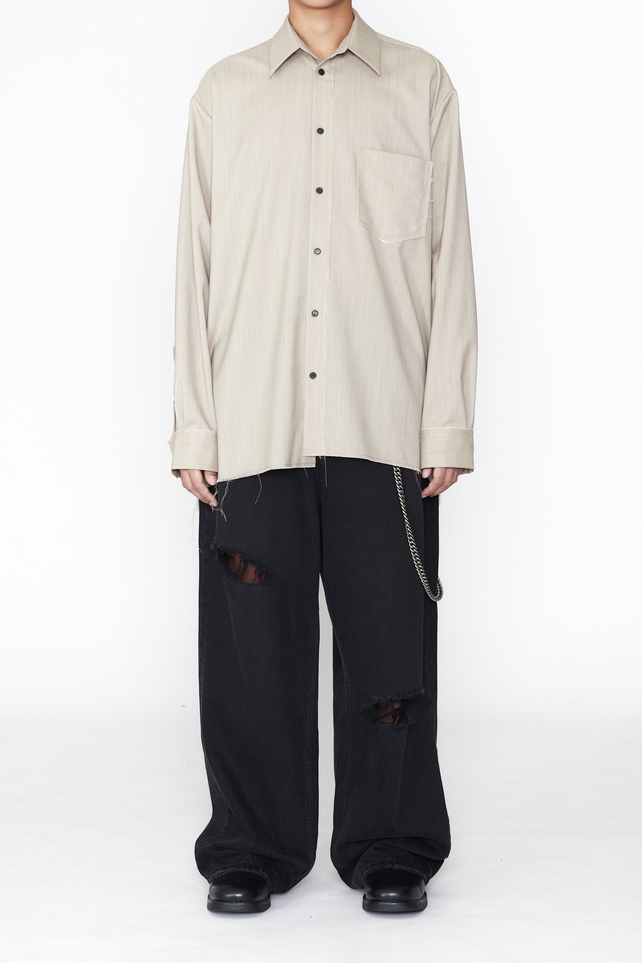 ECRU GREY WOOL DEVIATION ASYMMETRIC SHIRT