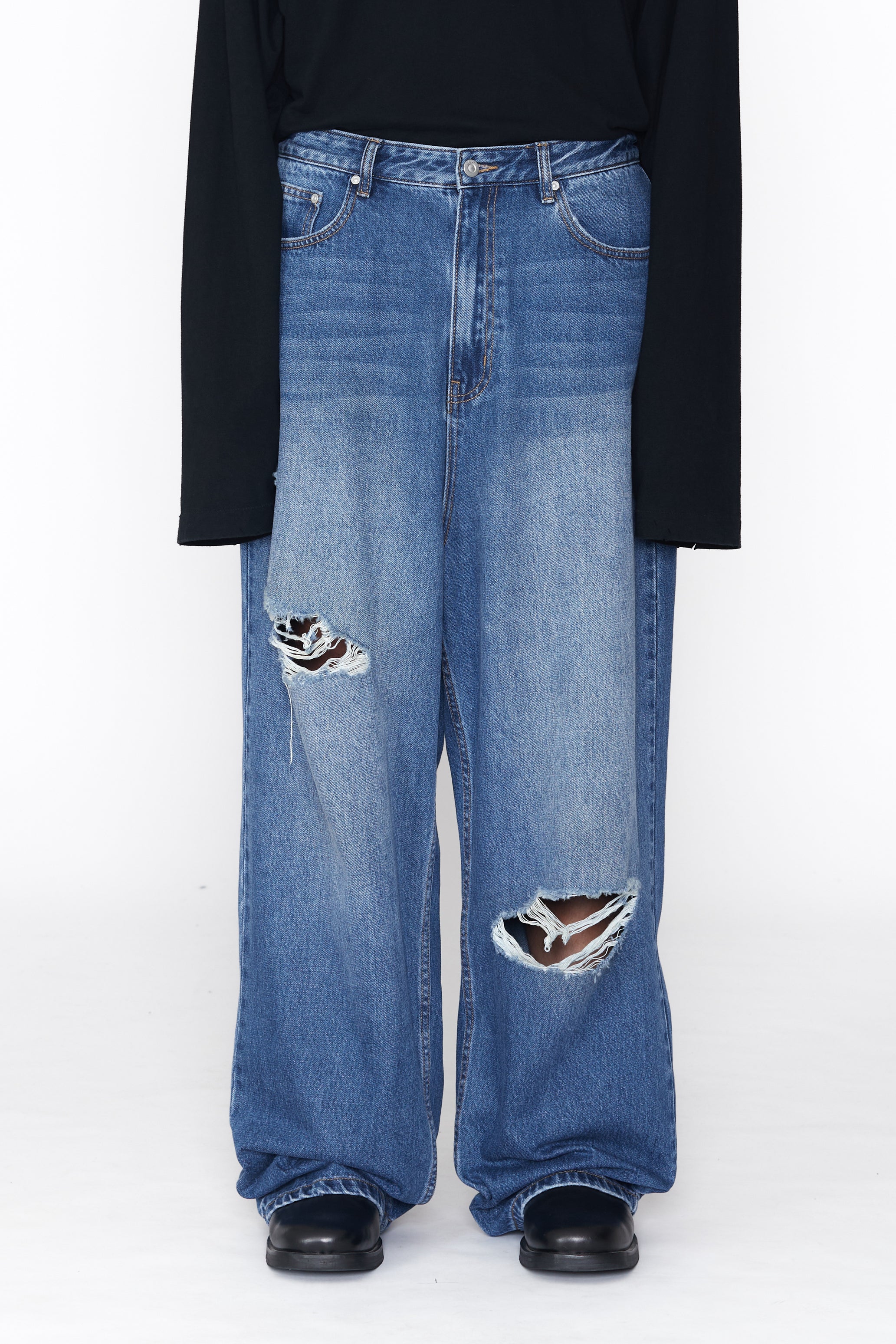INDIGO WASHED CRUSHED EXTENDED CUT LUFT JEANS