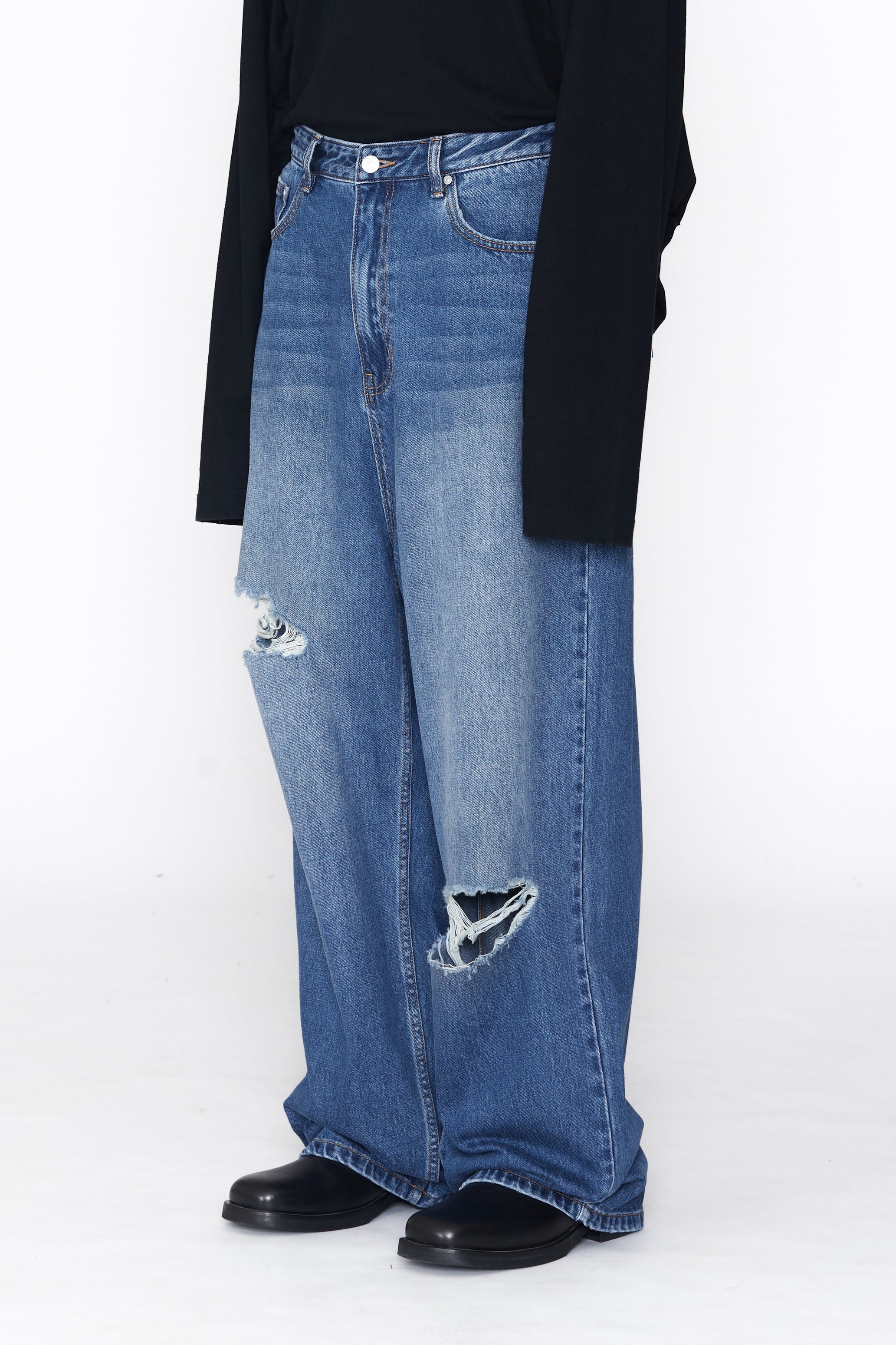INDIGO WASHED CRUSHED EXTENDED CUT LUFT JEANS