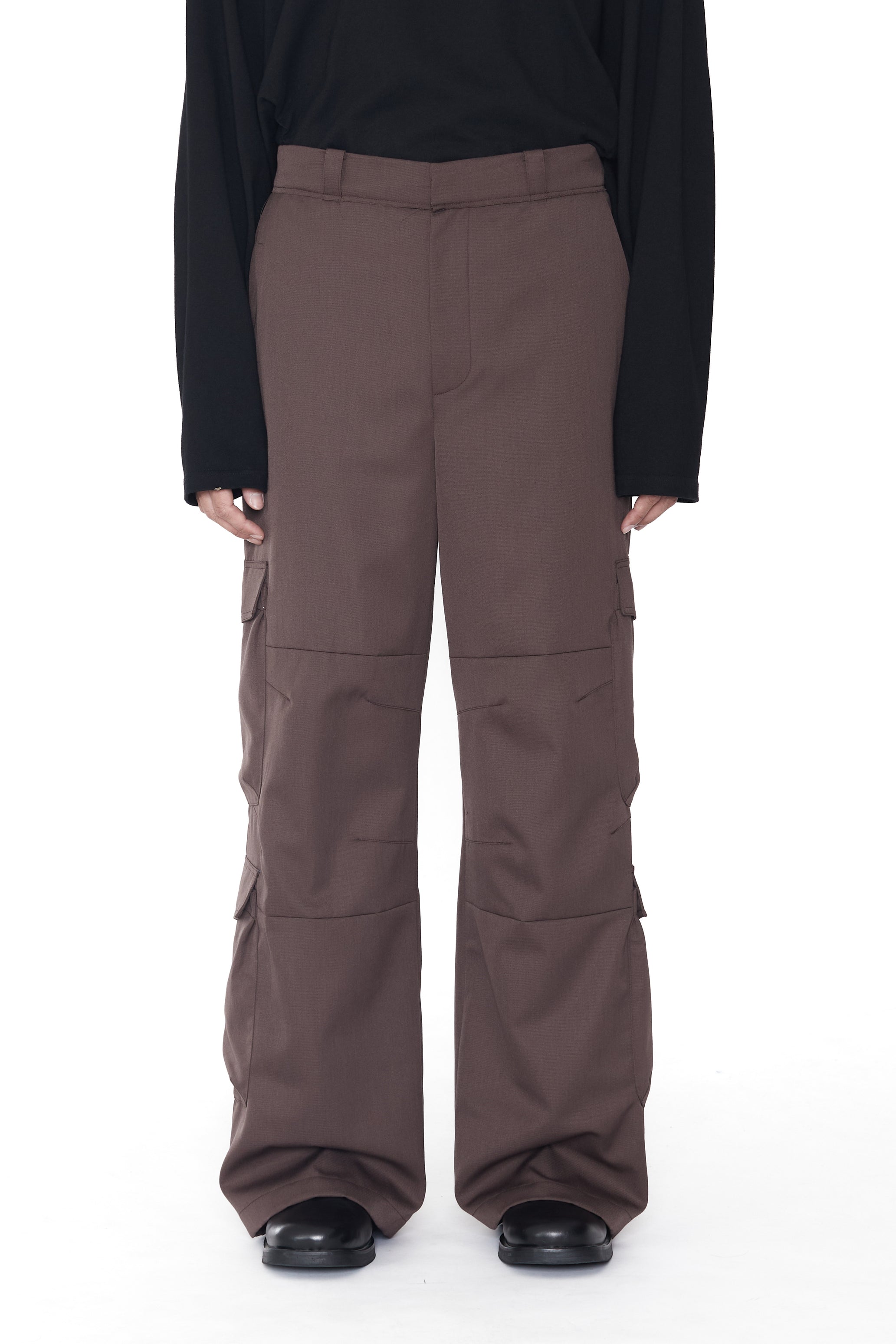 DUST BROWN GABARDINE BREAK CUT FLARED CARGO SLACK