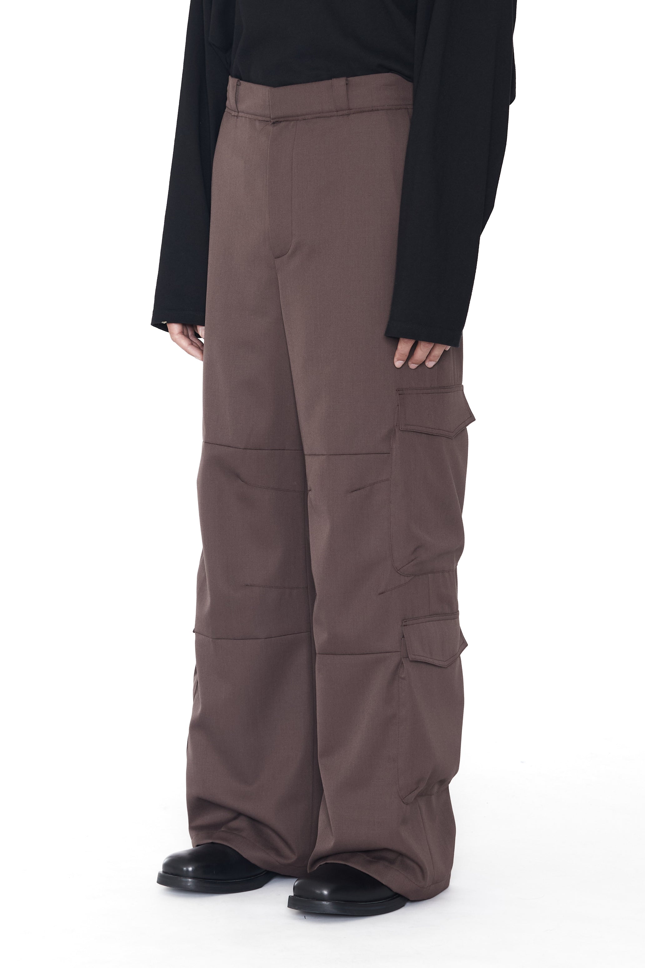 DUST BROWN GABARDINE BREAK CUT FLARED CARGO SLACK