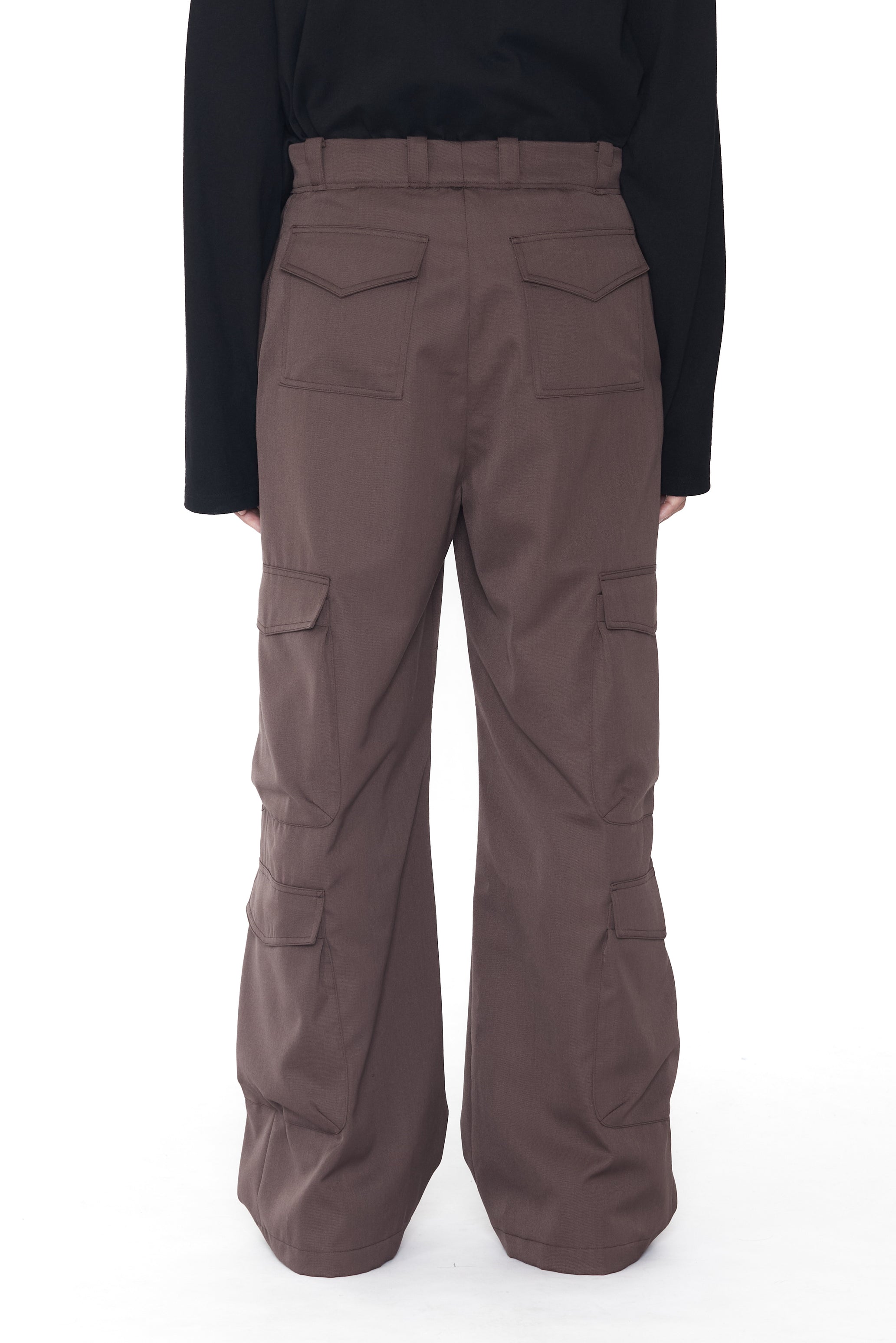 DUST BROWN GABARDINE BREAK CUT FLARED CARGO SLACK