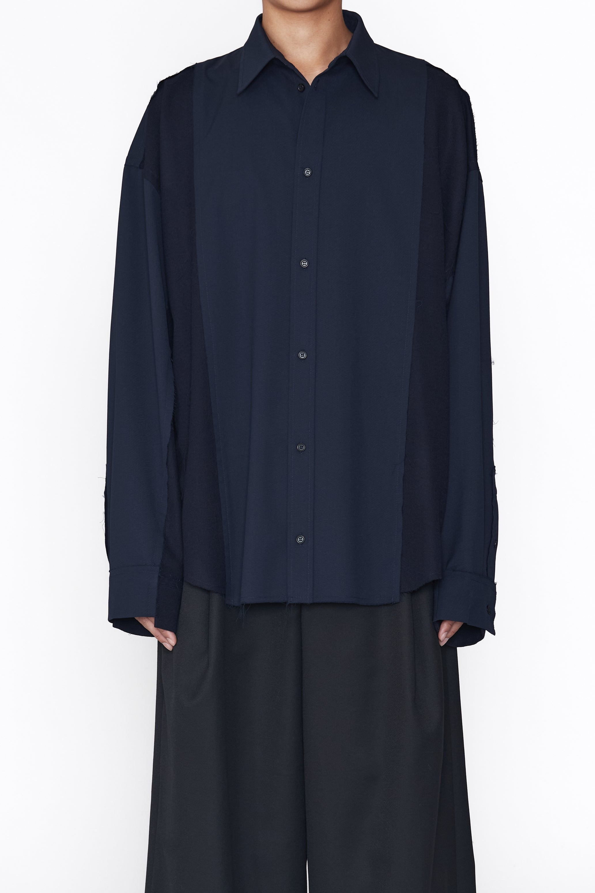 NAVY OVERSIZED WOVEN KNIT REASSEMBLE SHIRT