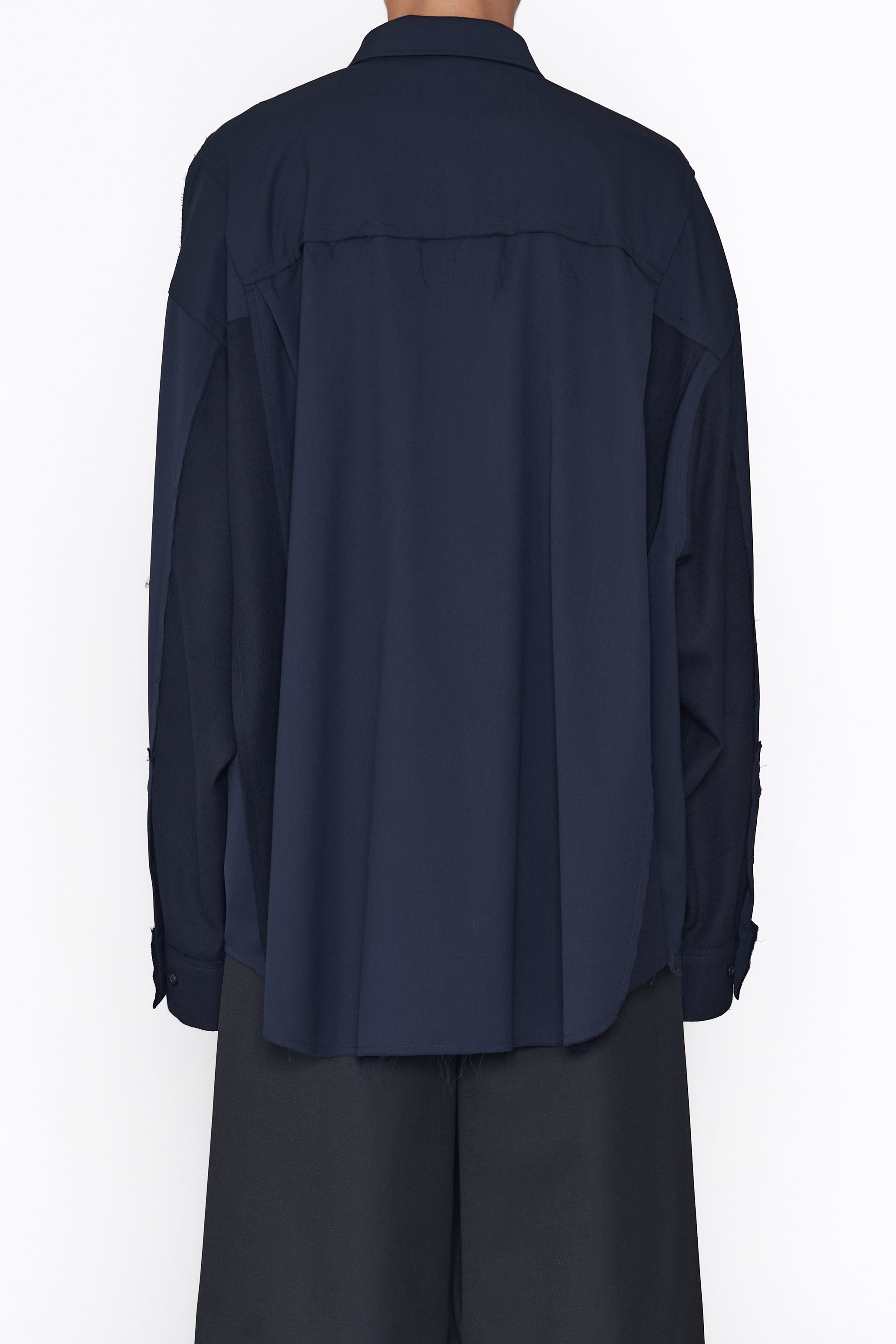 NAVY OVERSIZED WOVEN KNIT REASSEMBLE SHIRT