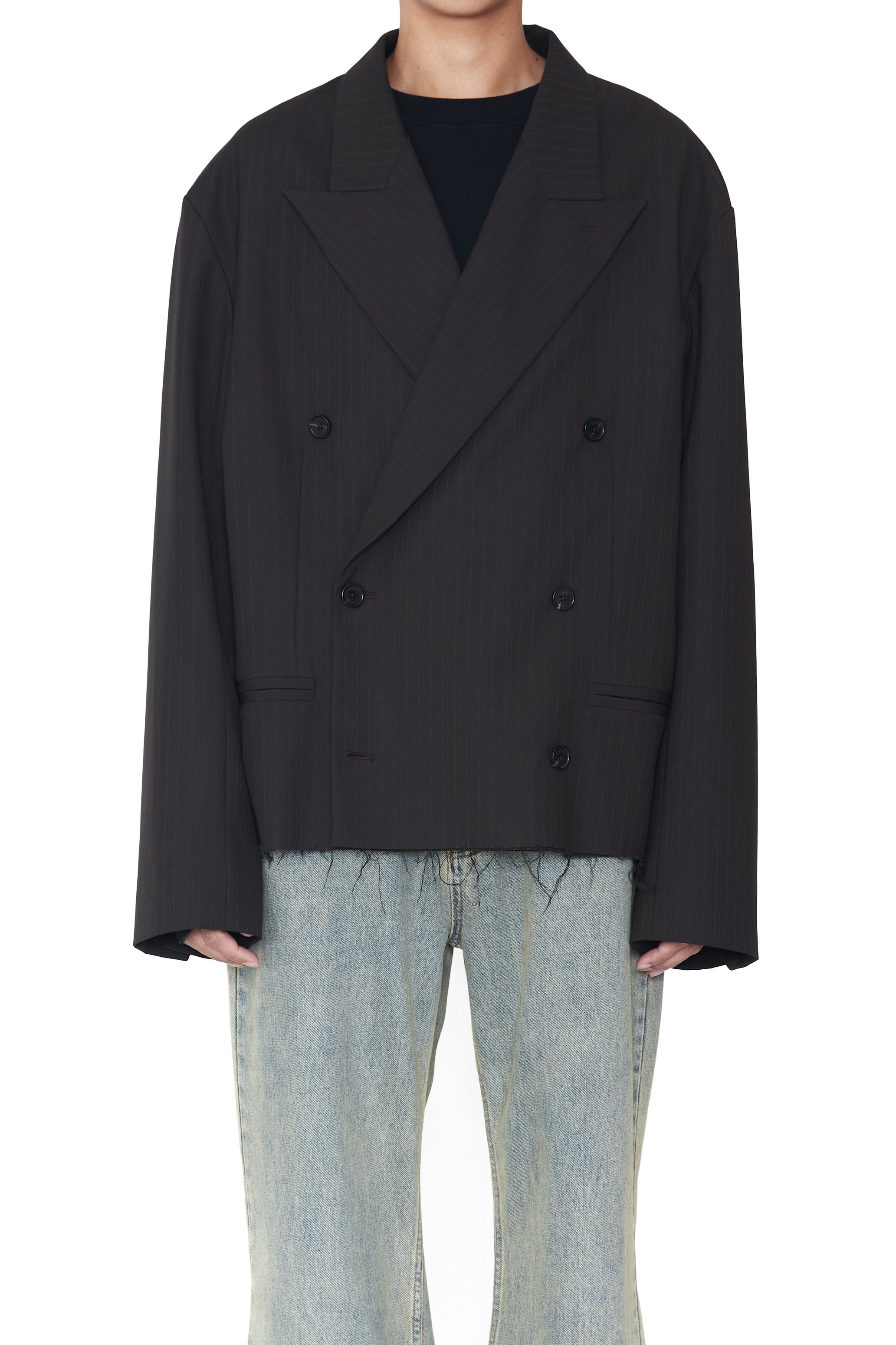 BROWN STRIPE CUT OFF DOUBLE BREASTED LENTO BLAZER