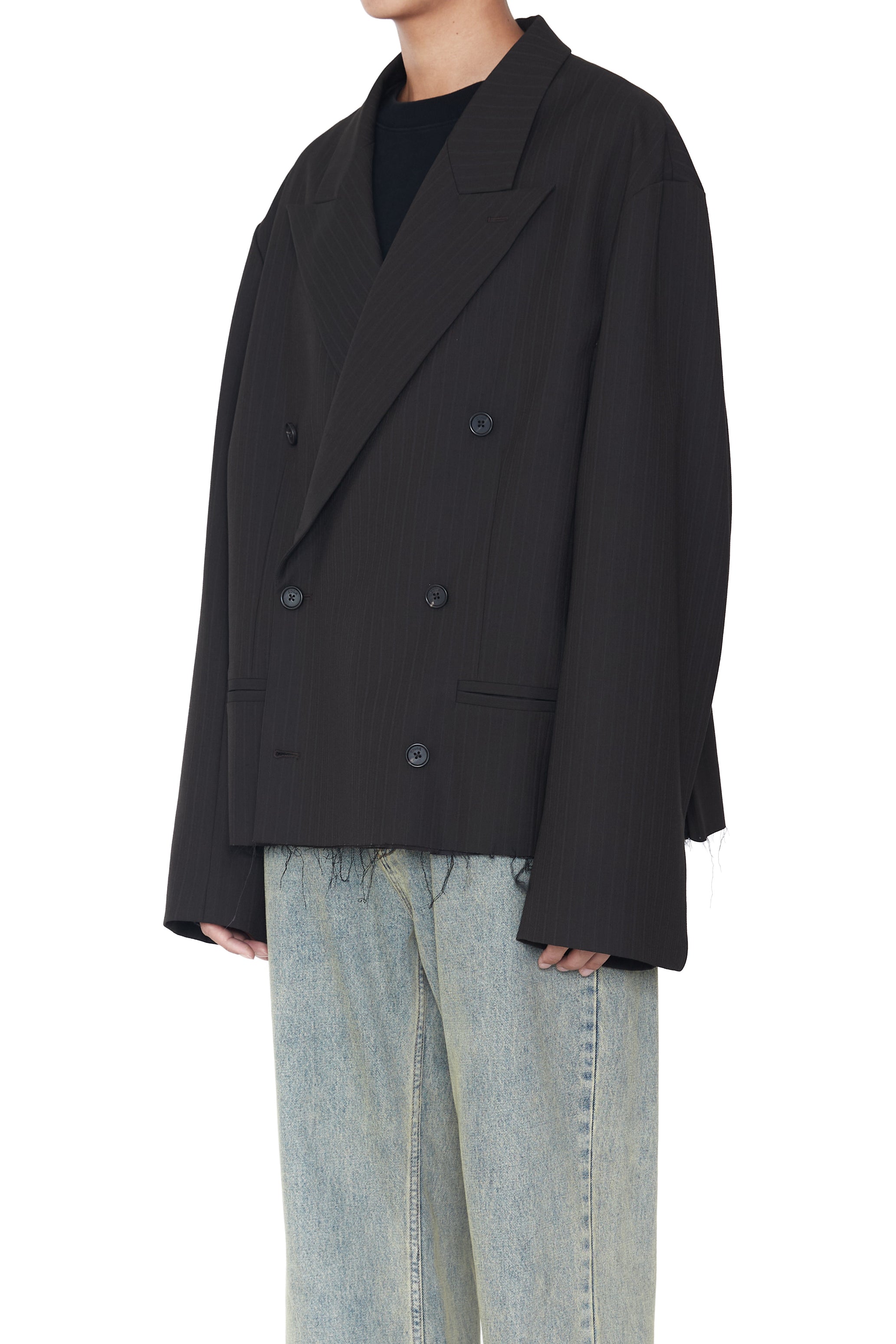 BROWN STRIPE CUT OFF DOUBLE BREASTED LENTO BLAZER