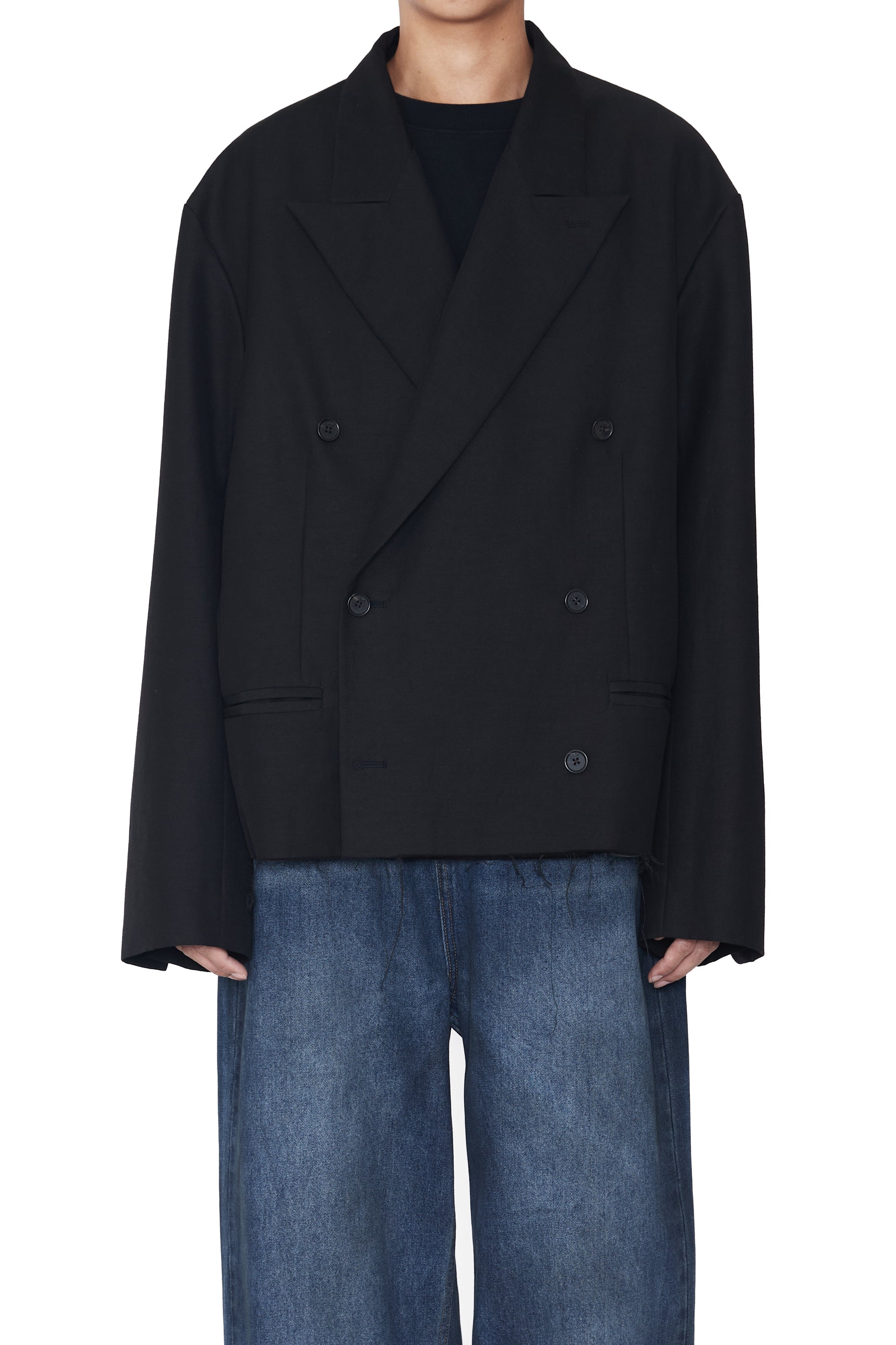 BLACK CUT OFF DOUBLE BREASTED LENTO BLAZER