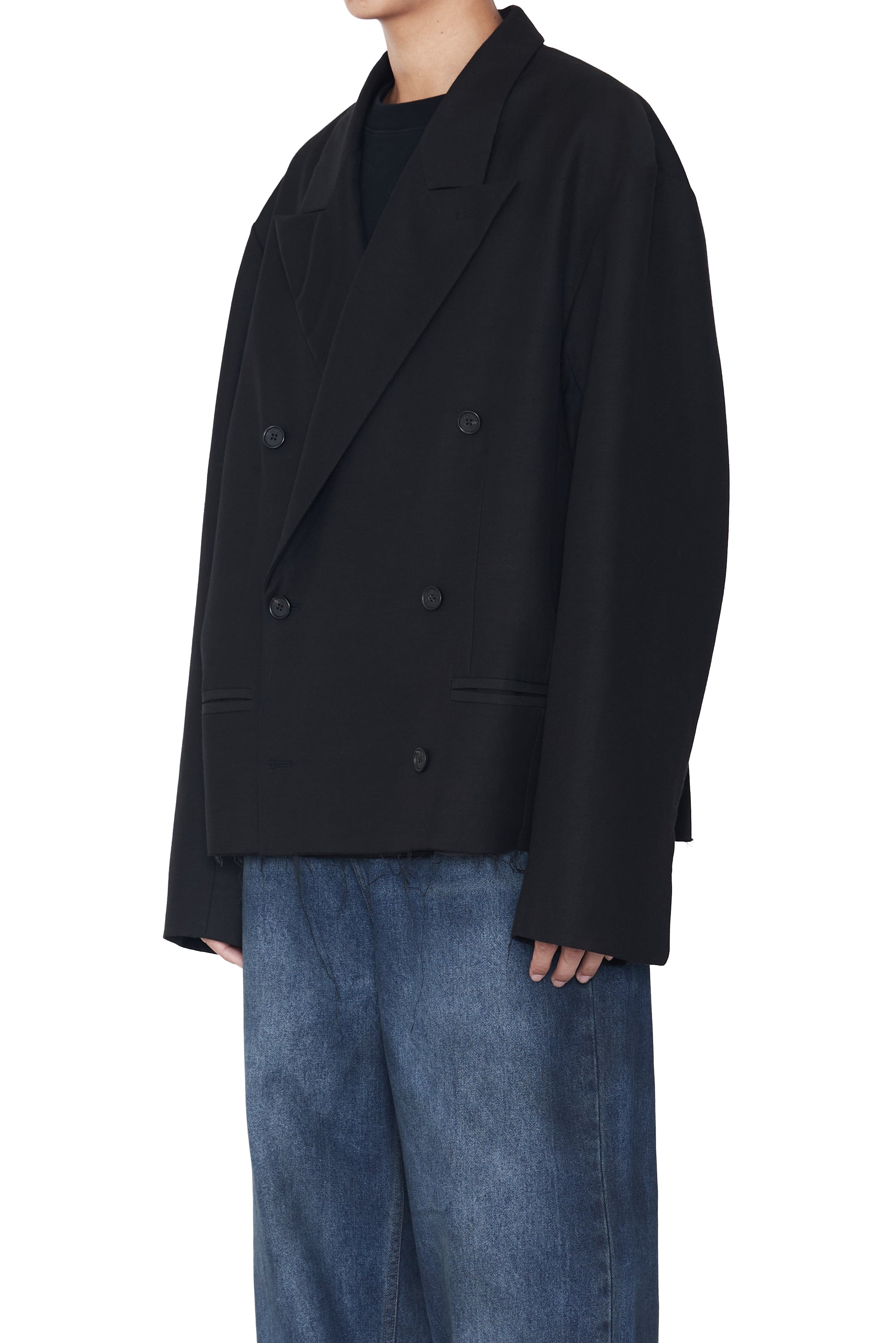 BLACK CUT OFF DOUBLE BREASTED LENTO BLAZER