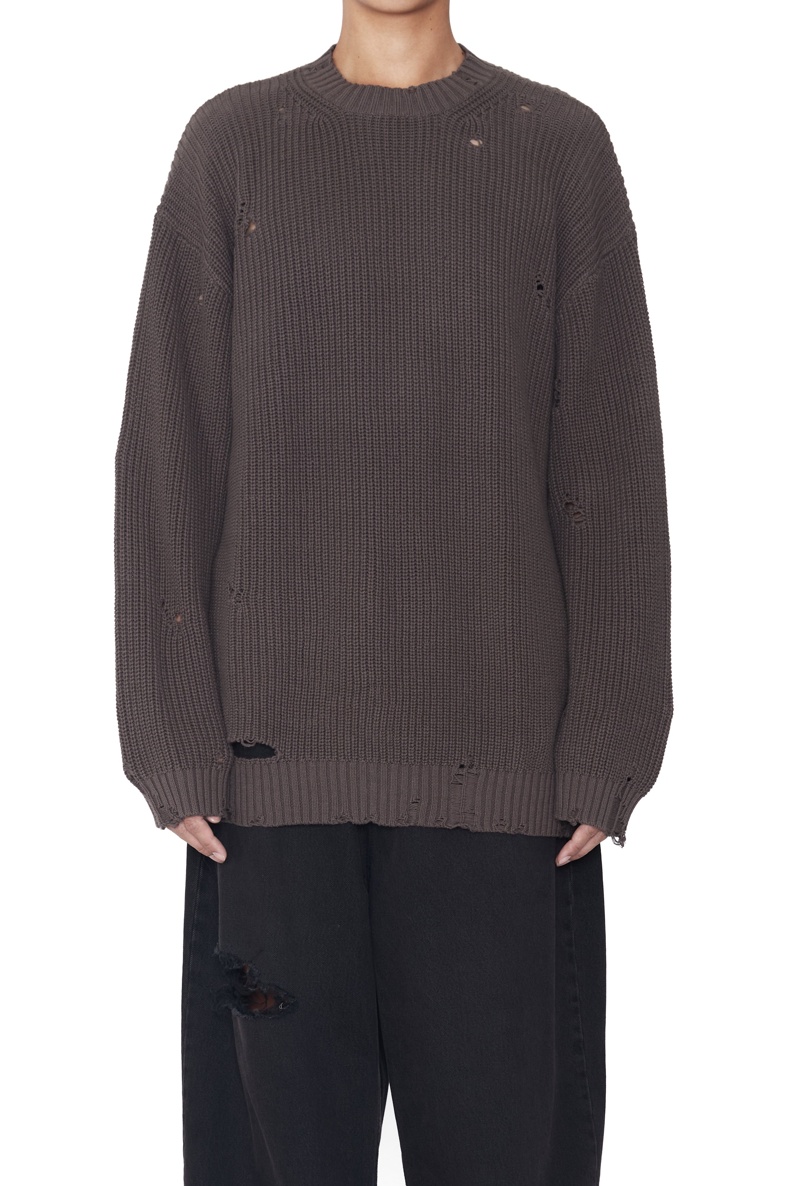 Load image into Gallery viewer, BROWN GREY DISTRESSED KNIT PULLOVER