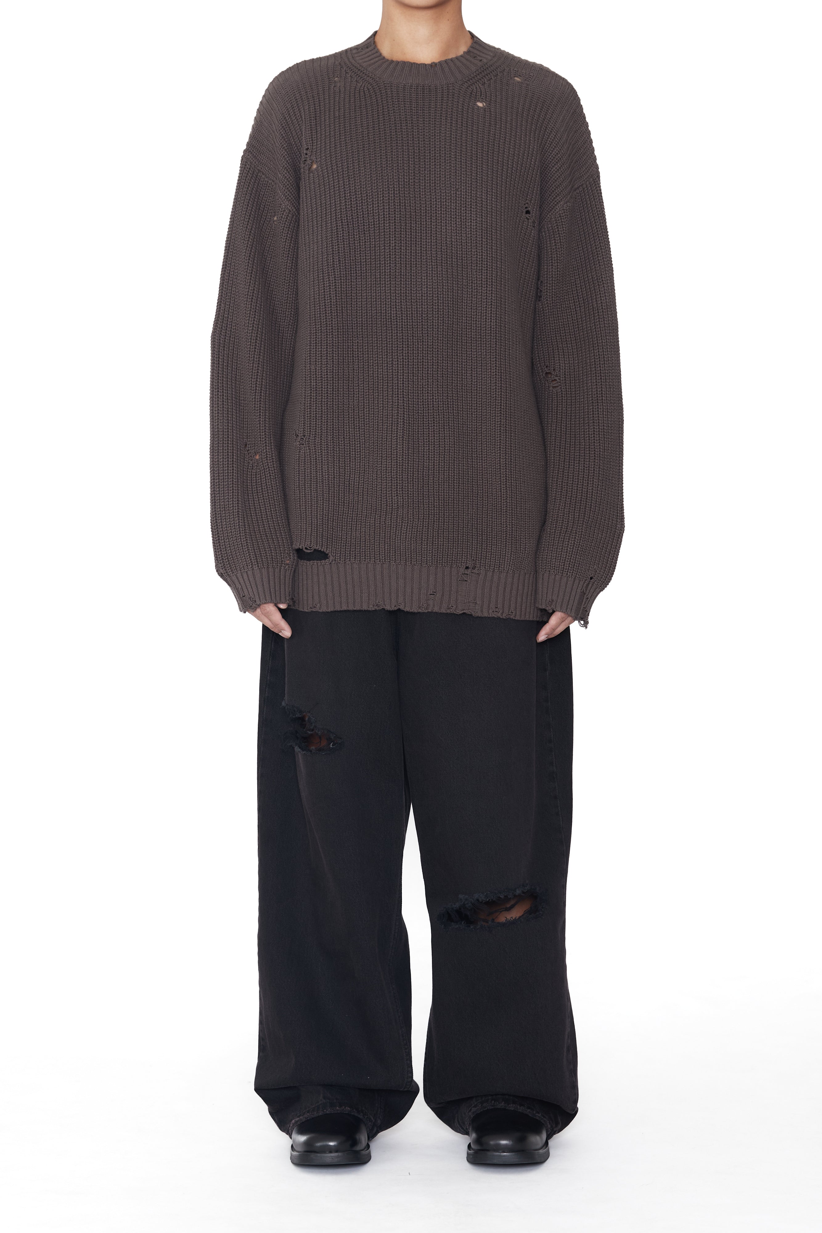 Load image into Gallery viewer, BROWN GREY DISTRESSED KNIT PULLOVER