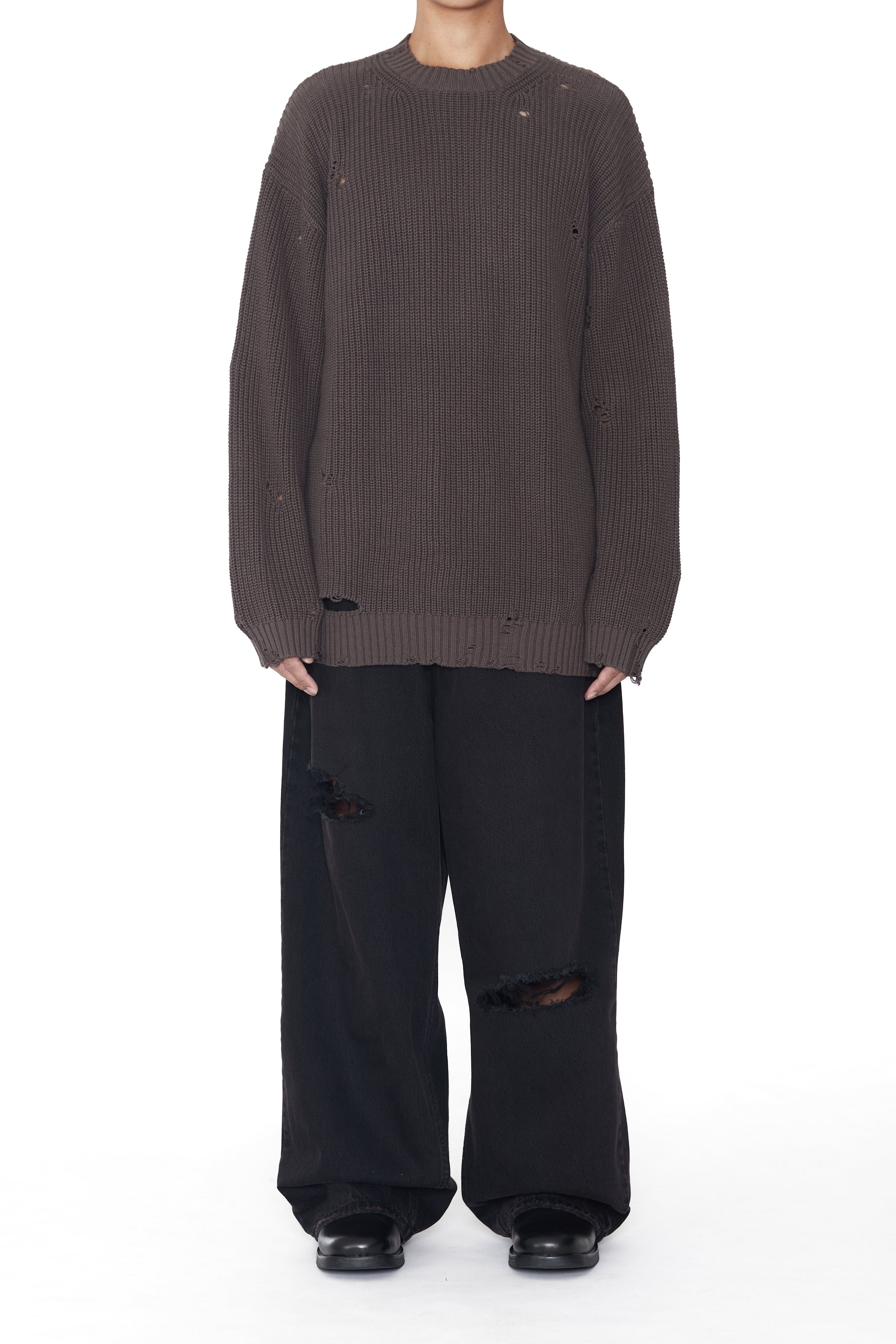 BROWN GREY DISTRESSED KNIT PULLOVER