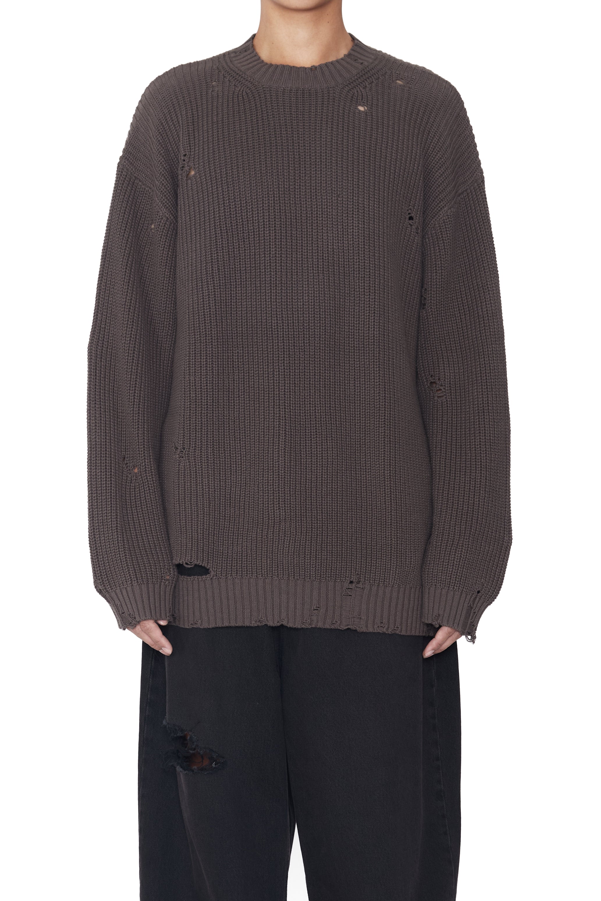 BROWN GREY DISTRESSED KNIT PULLOVER