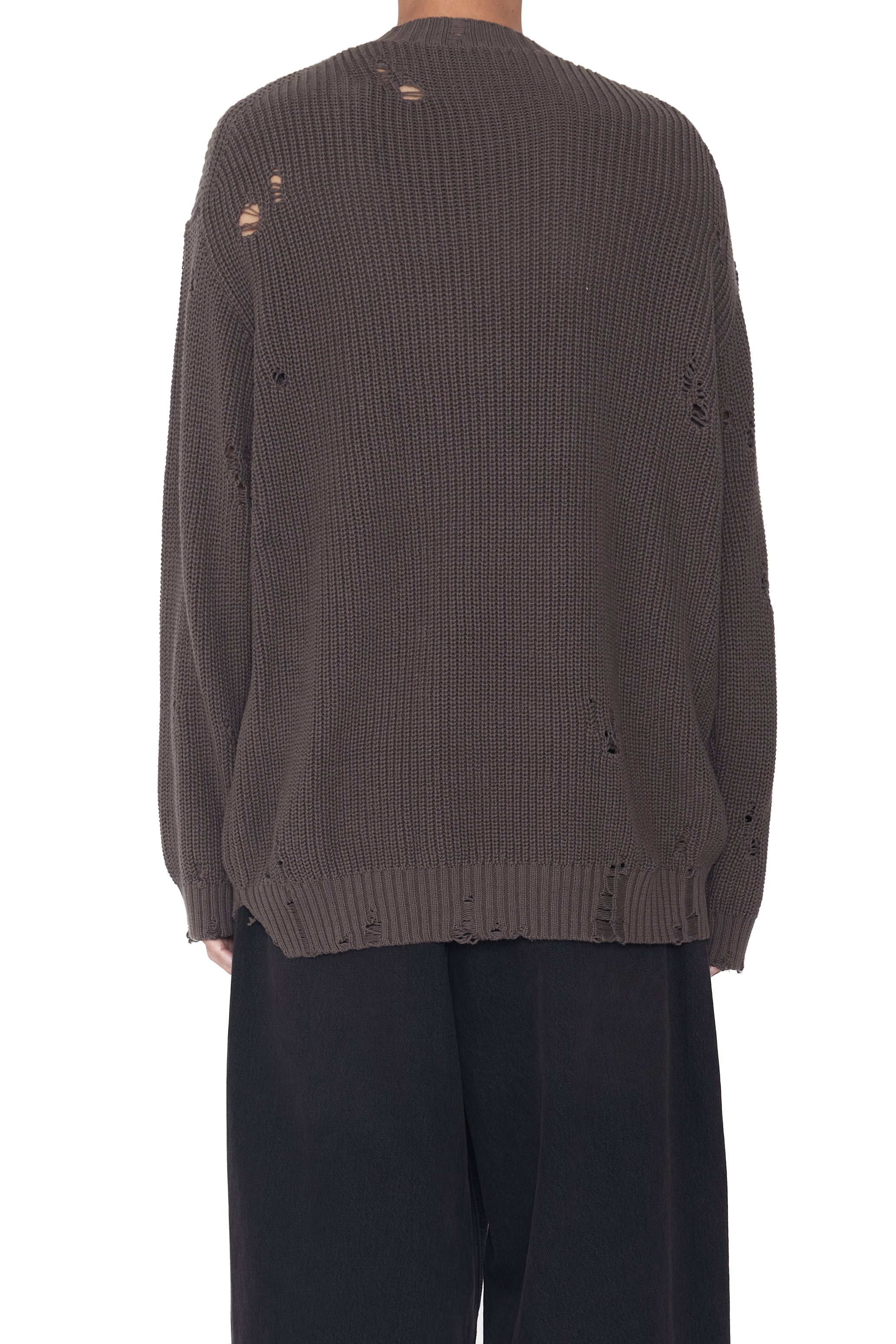 BROWN GREY DISTRESSED KNIT PULLOVER