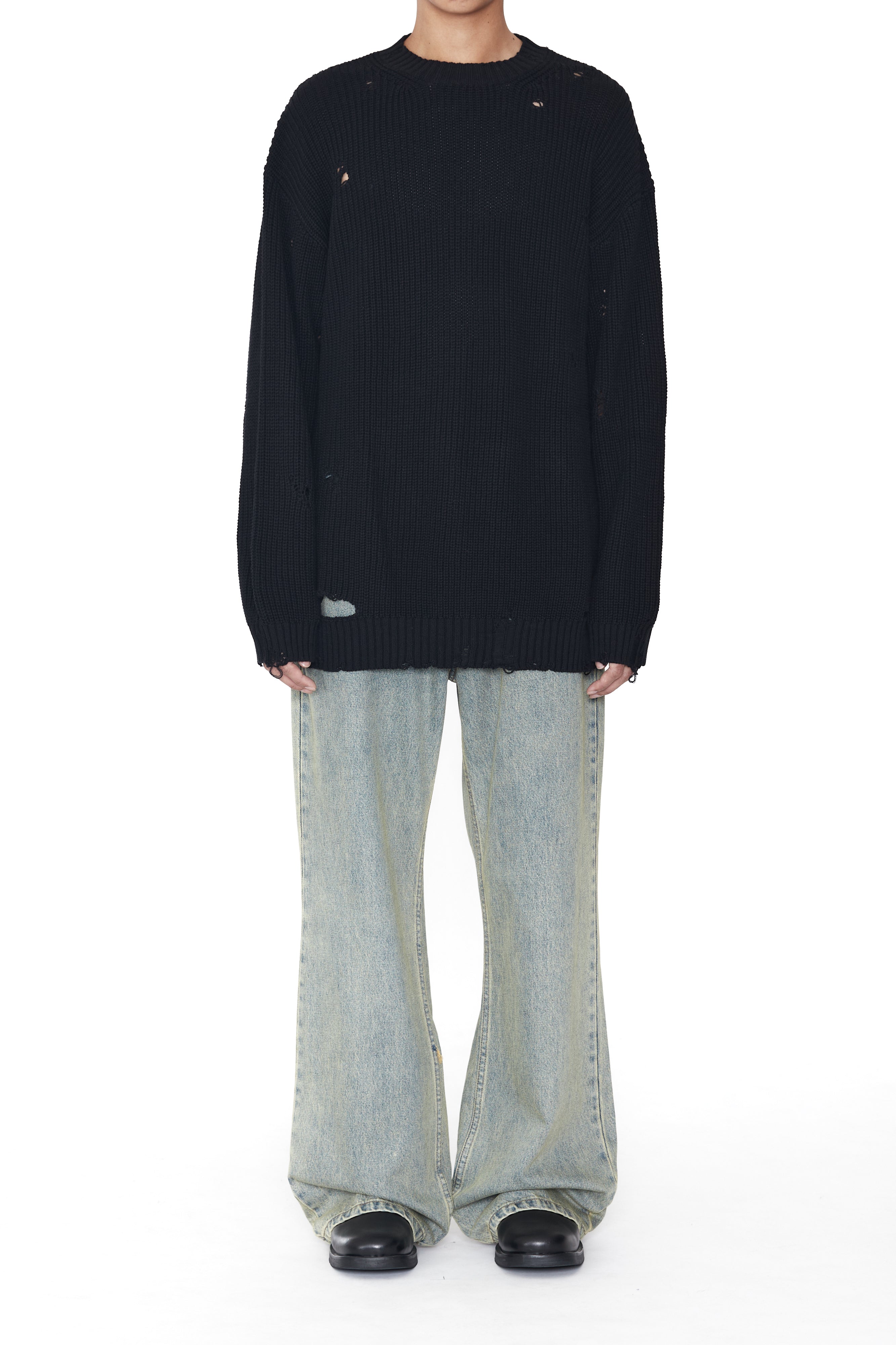 Load image into Gallery viewer, BLACK DISTRESSED KNIT PULLOVER