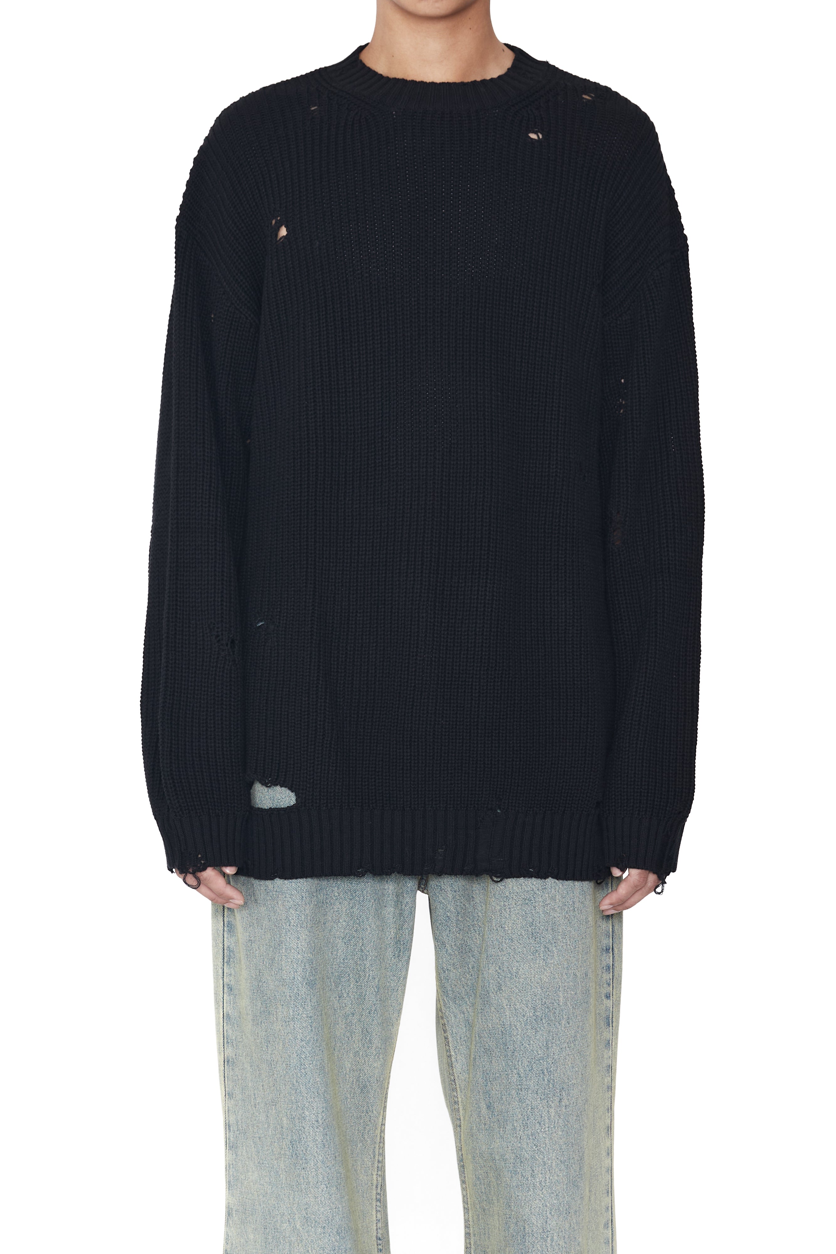 Load image into Gallery viewer, BLACK DISTRESSED KNIT PULLOVER