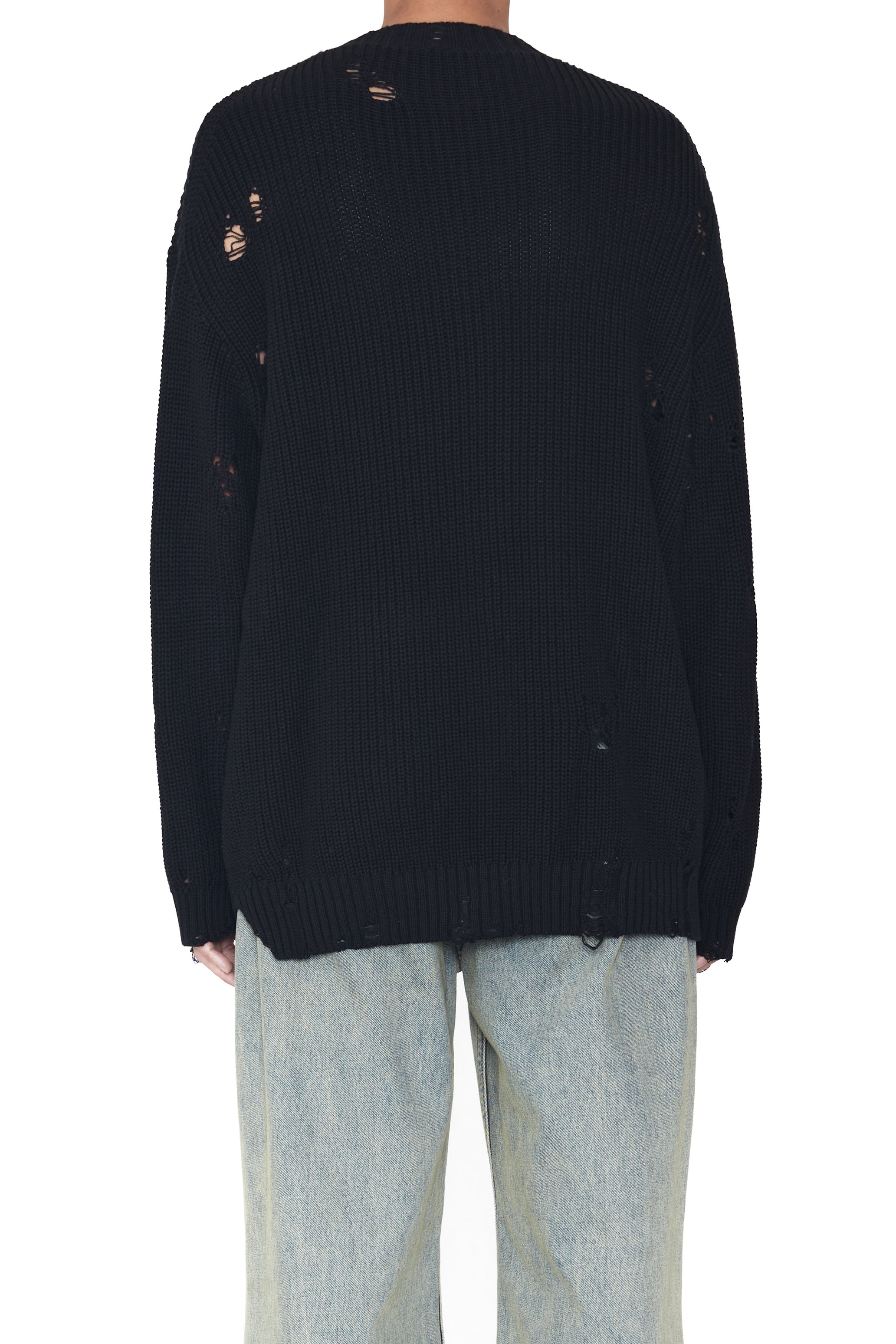 BLACK DISTRESSED KNIT PULLOVER