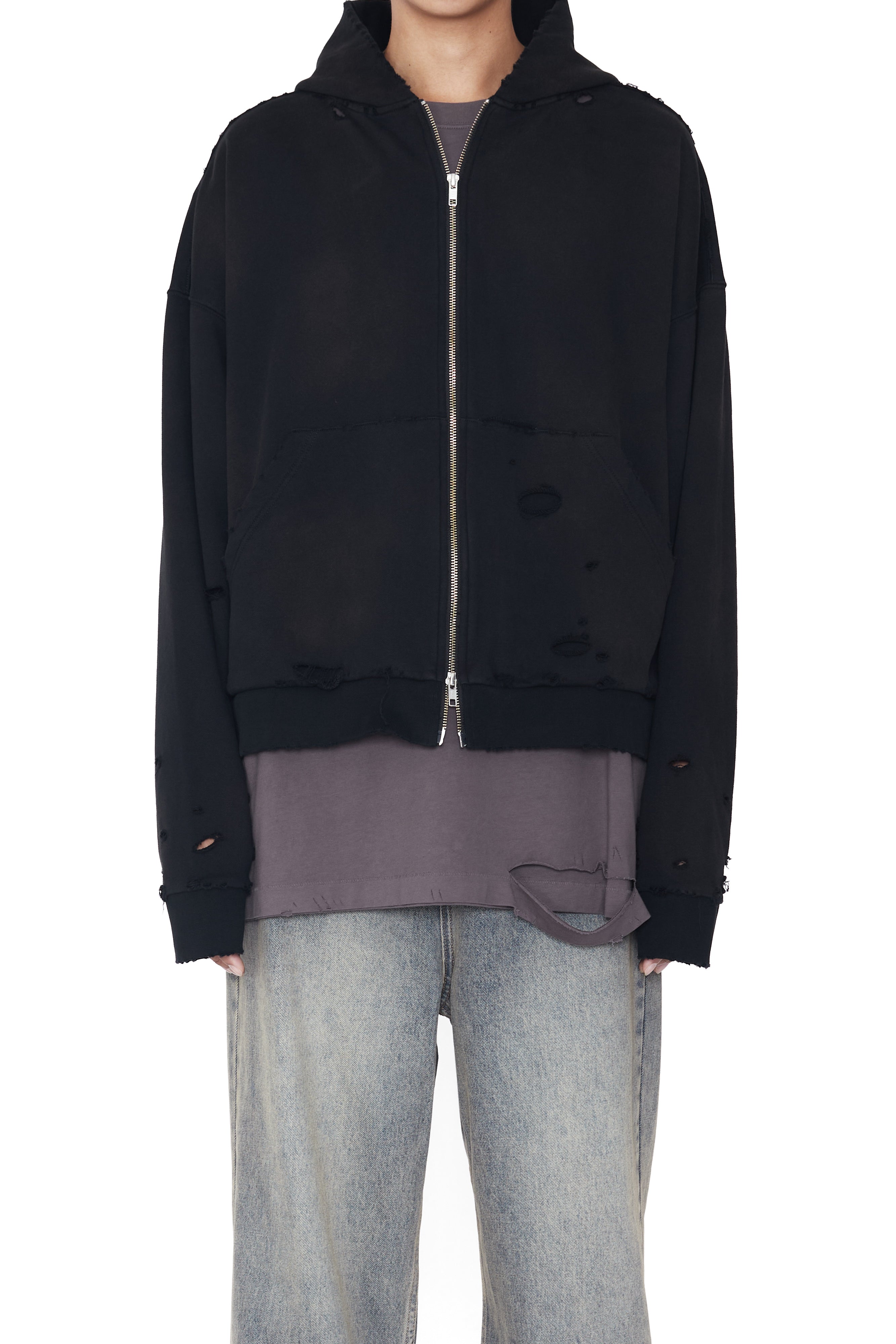 Load image into Gallery viewer, BLACK WASHED AGING DESTROYED ZIP UP HOODIE