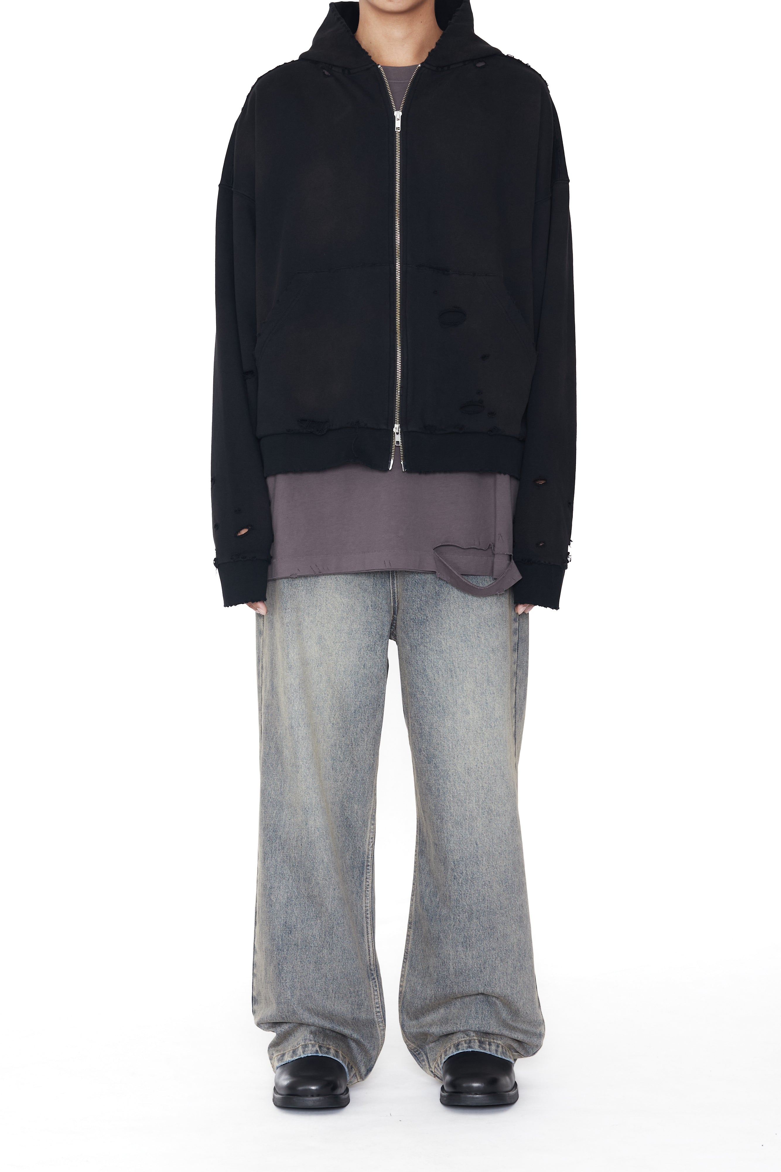 Load image into Gallery viewer, BLACK WASHED AGING DESTROYED ZIP UP HOODIE
