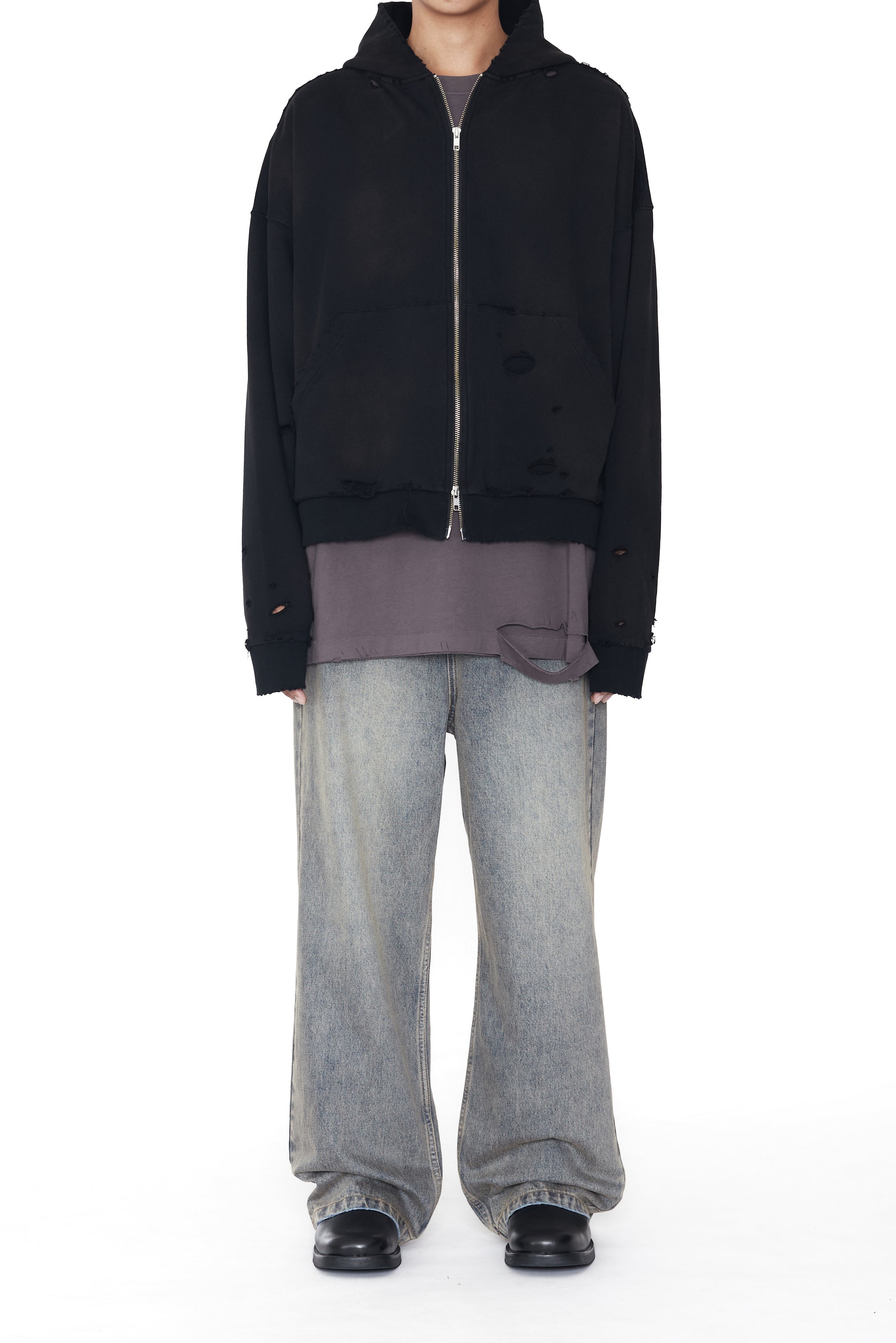BLACK WASHED AGING DESTROYED ZIP UP HOODIE