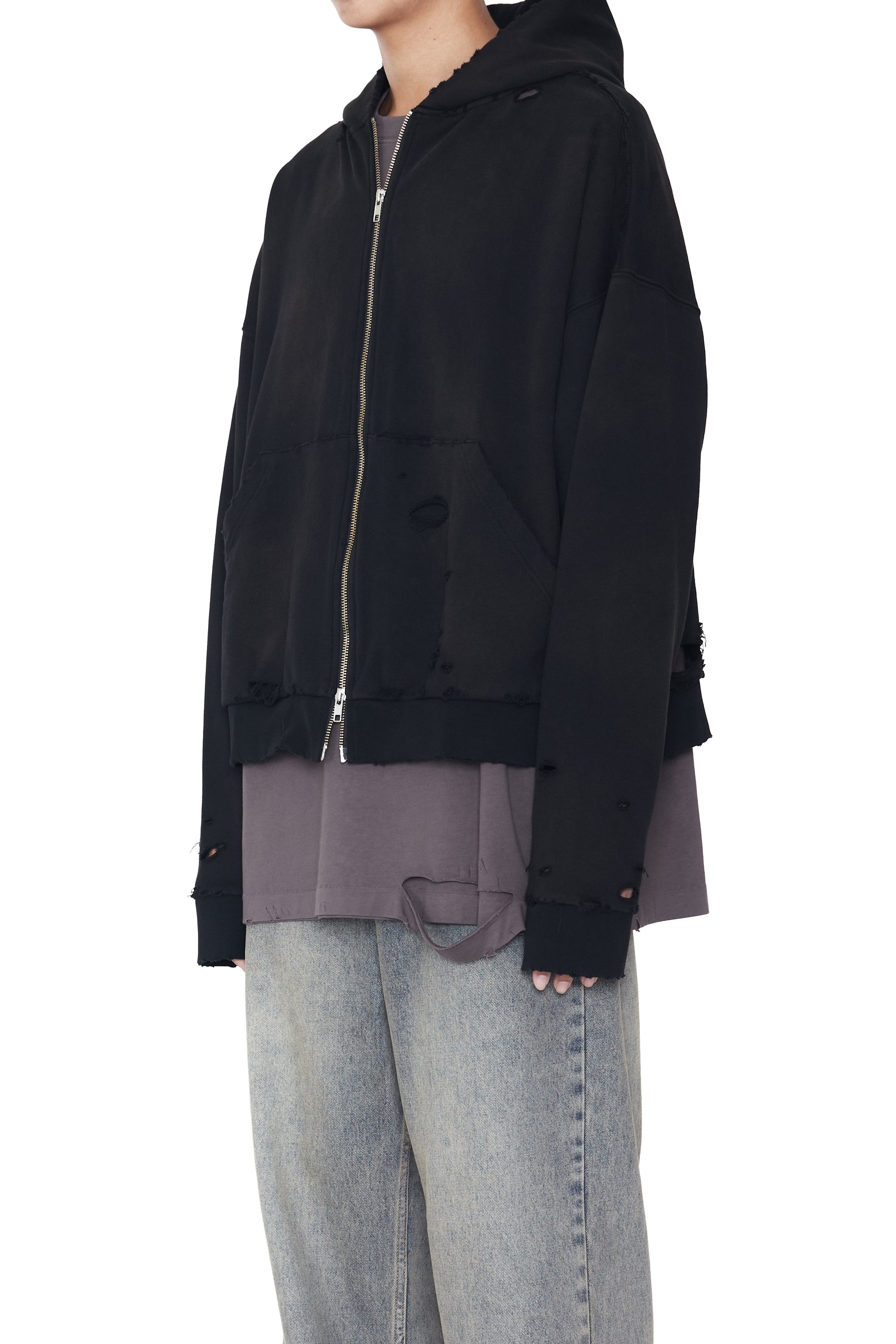 BLACK WASHED AGING DESTROYED ZIP UP HOODIE