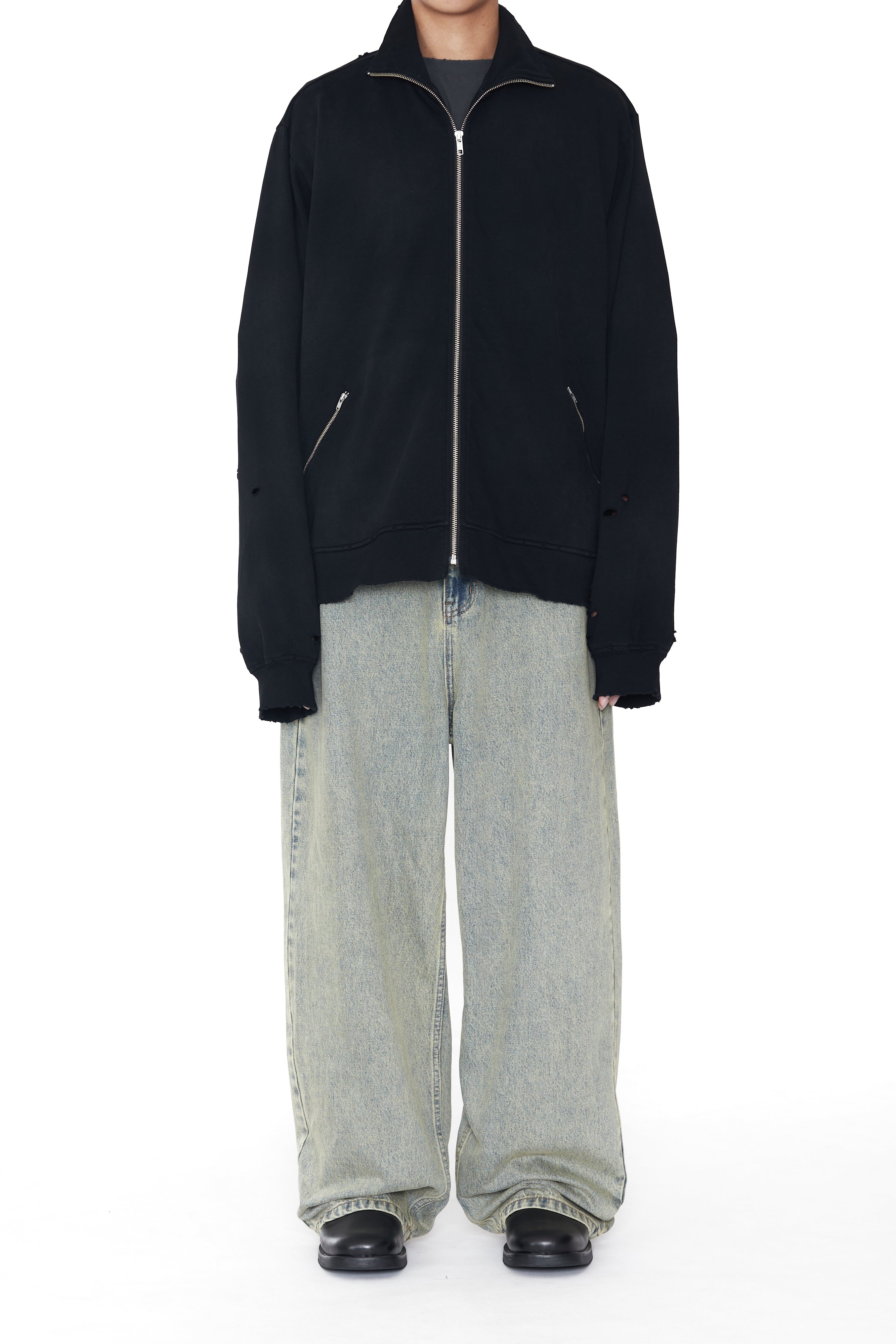 Load image into Gallery viewer, BLACK WASHED AGING DESTROYED ZIP JACKET